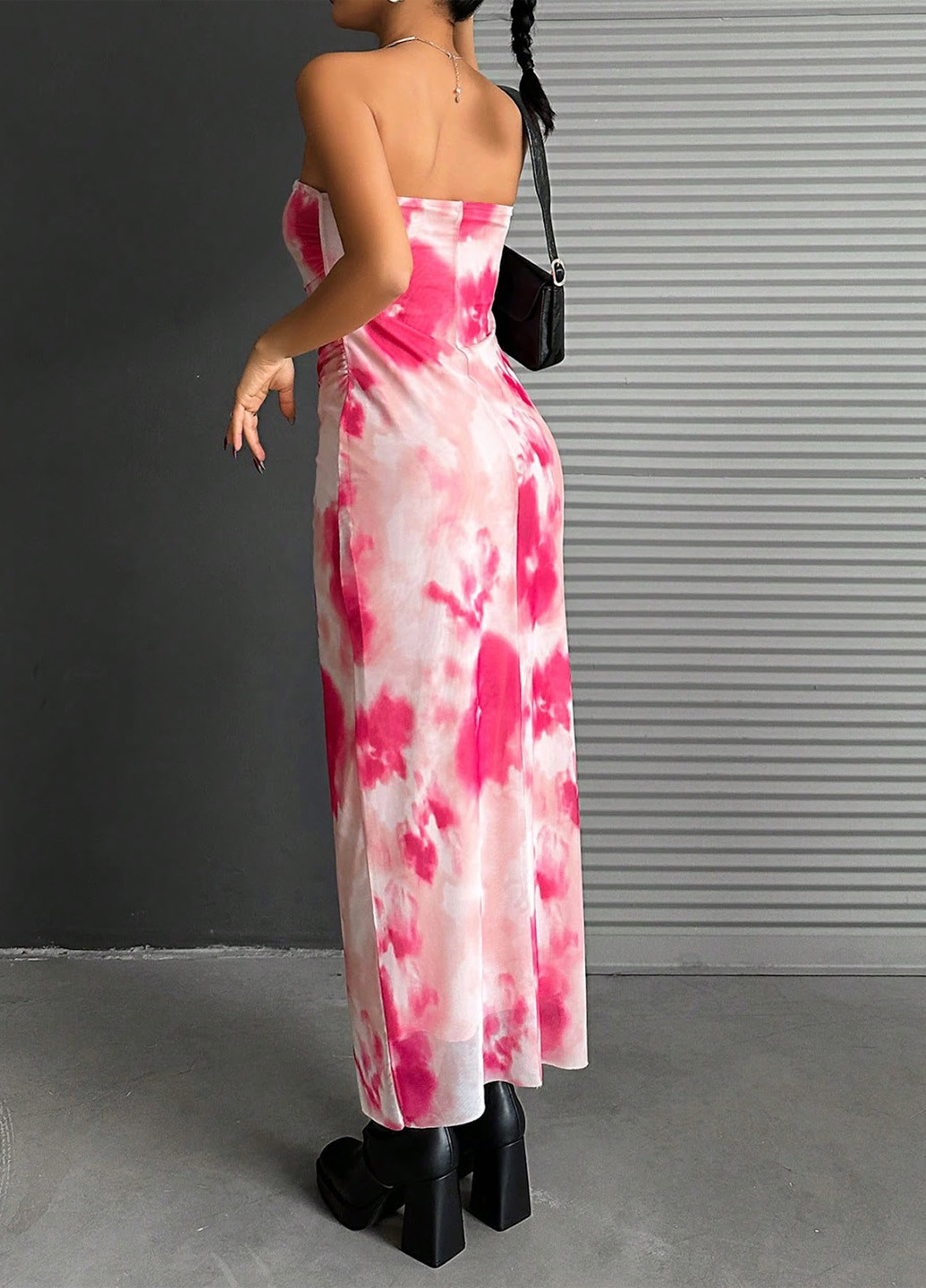 Рожева кежуал сукня бандо, з відкритими плечима, з відкритою спиною SHEIN тай-дай