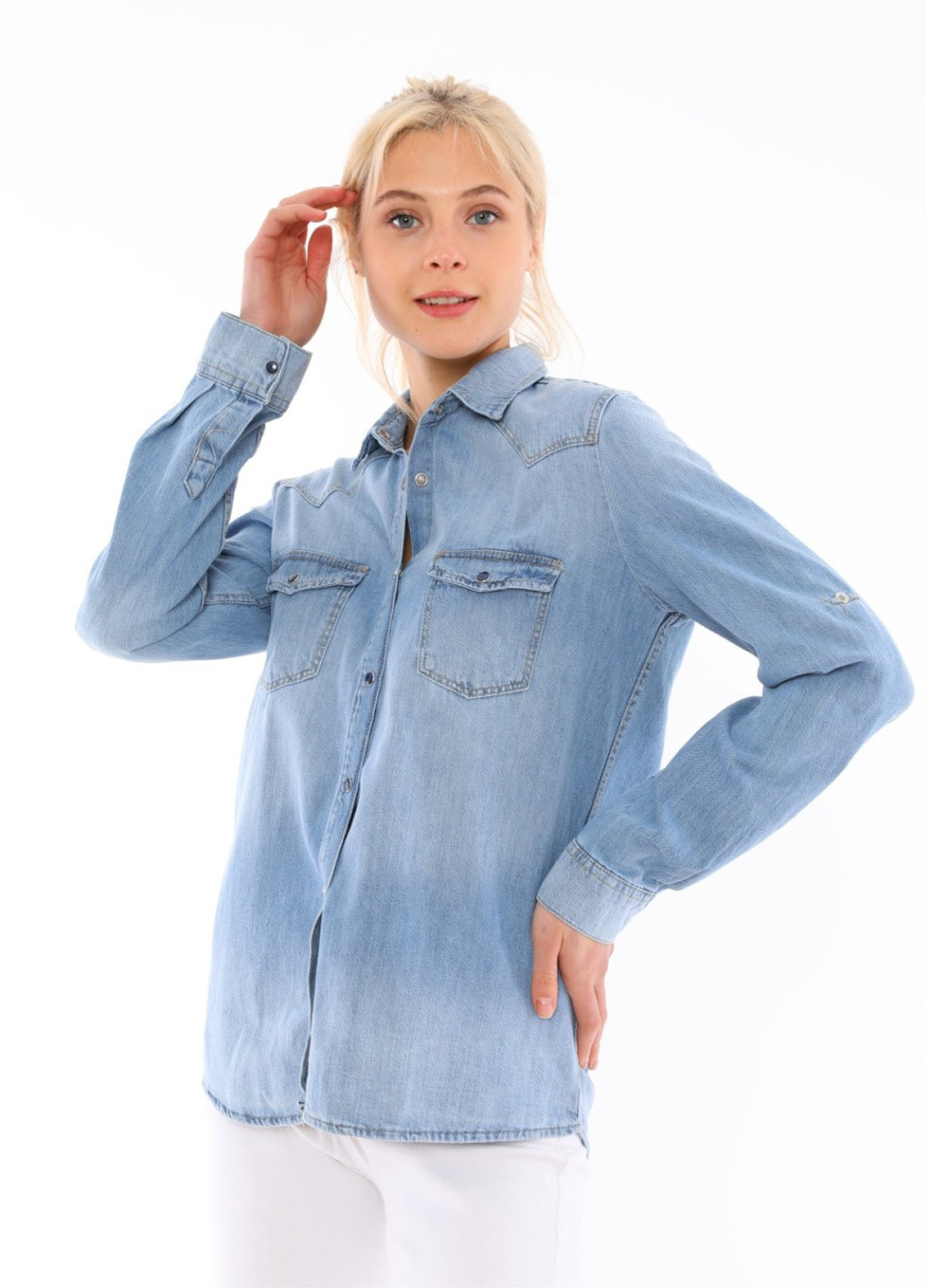 Сорочка джинсова жіноча блакитна пряма S-L MDG приталенная (251839500)