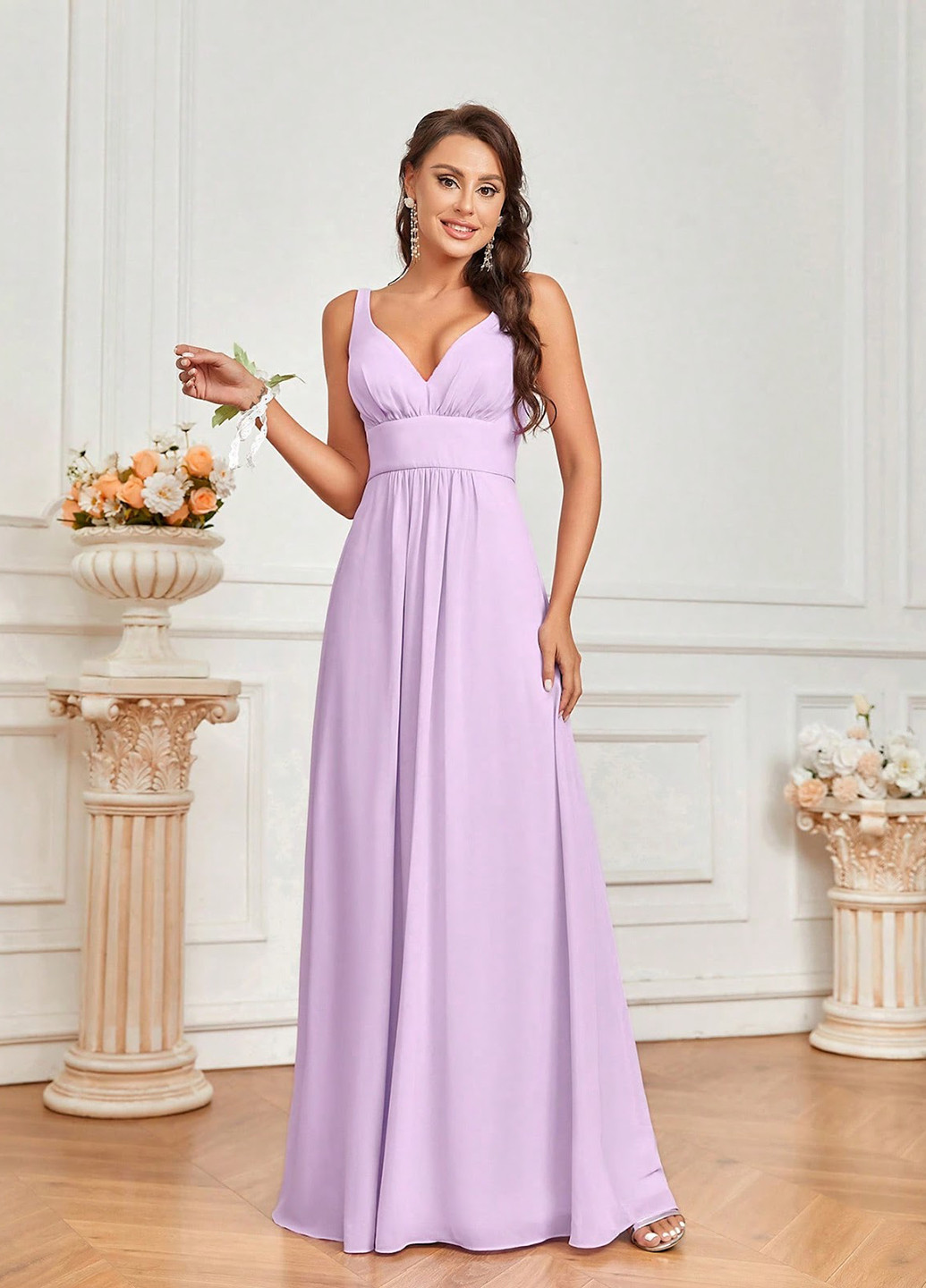 Светло-розовое вечернее платье в стиле ампир, с открытой спиной SHEIN однотонное