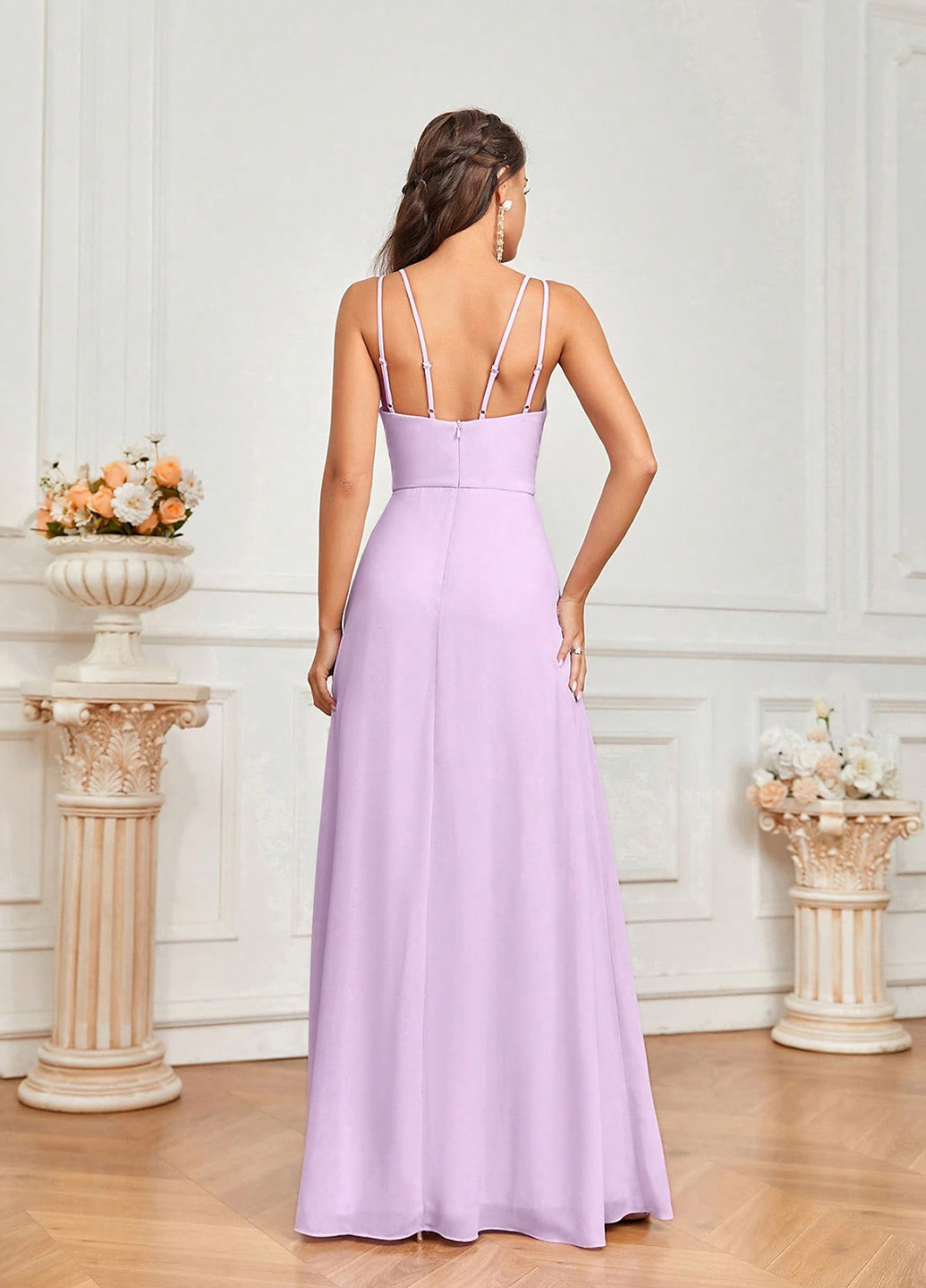 Светло-розовое вечернее платье в стиле ампир, с открытой спиной SHEIN однотонное