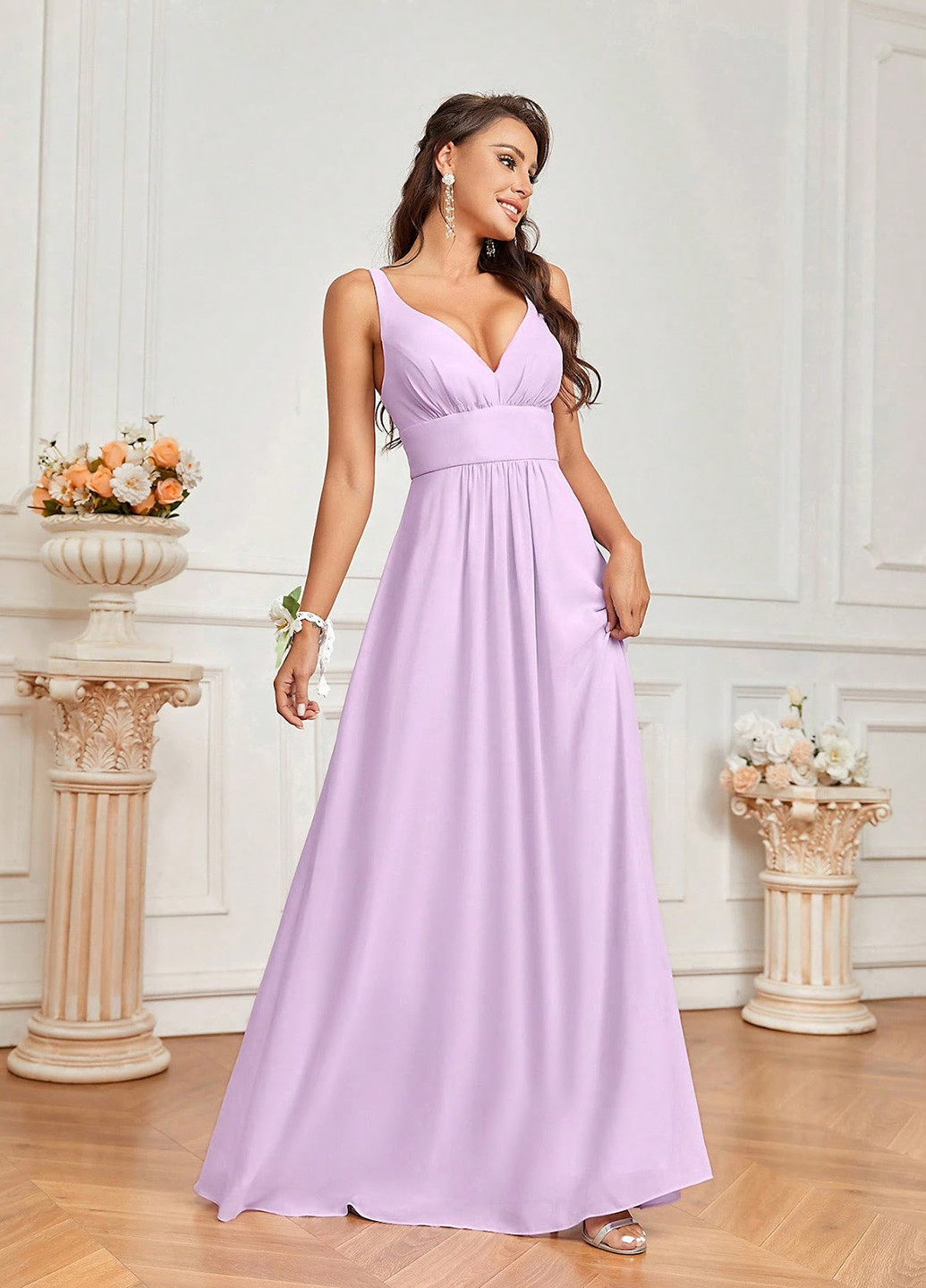 Светло-розовое вечернее платье в стиле ампир, с открытой спиной SHEIN однотонное