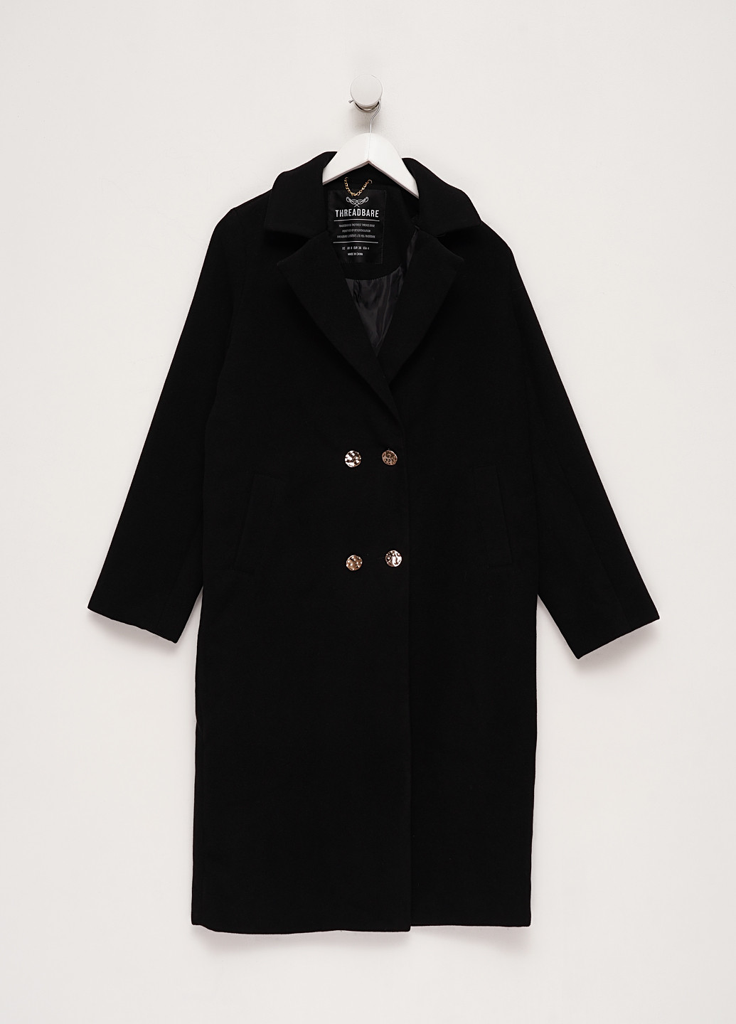 Черное демисезонное Пальто двубортное Threadbare