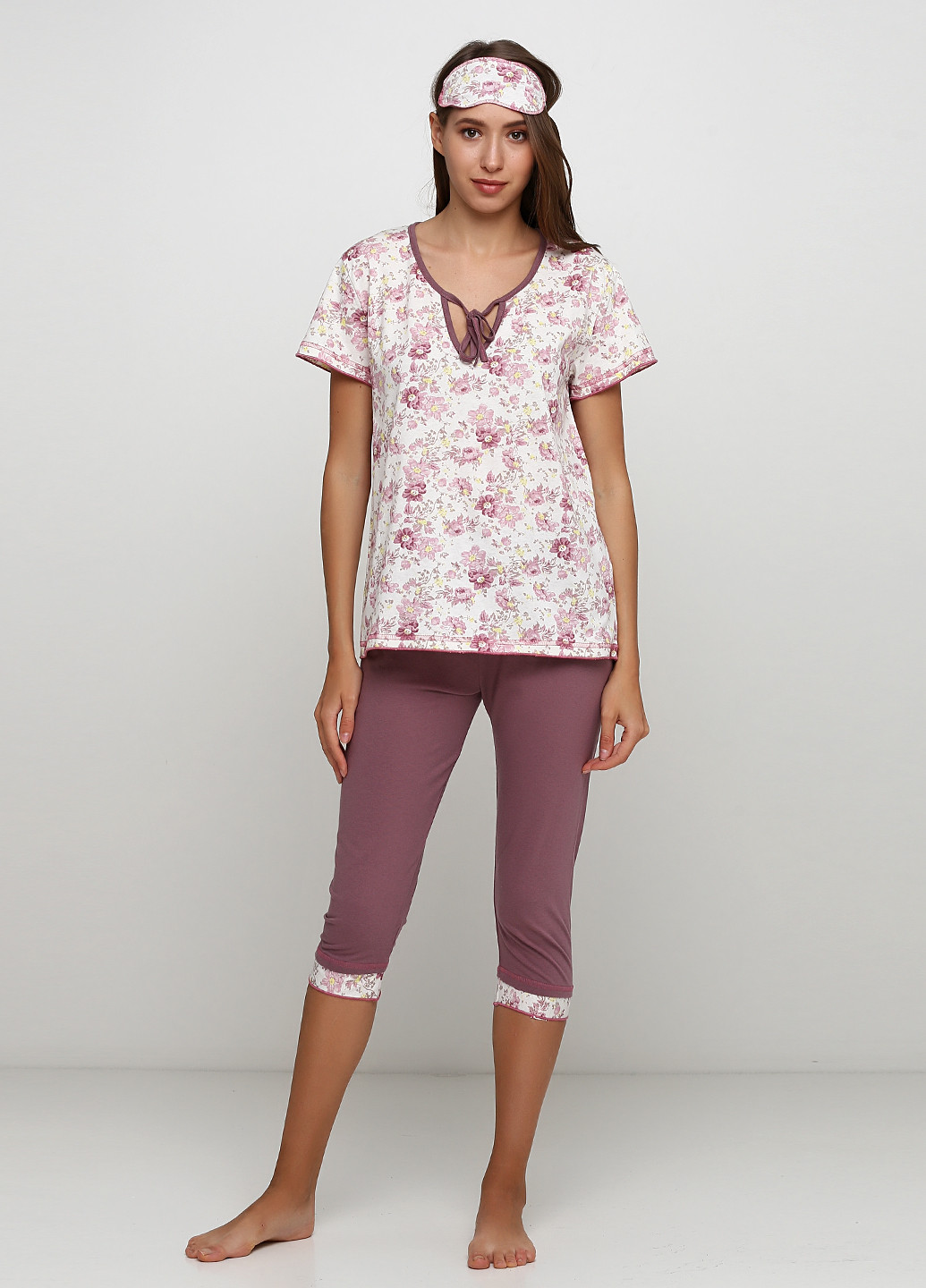 Рожево-ліловий демісезонний комплект (футболка, бриджі, маска для сну) Трикомир