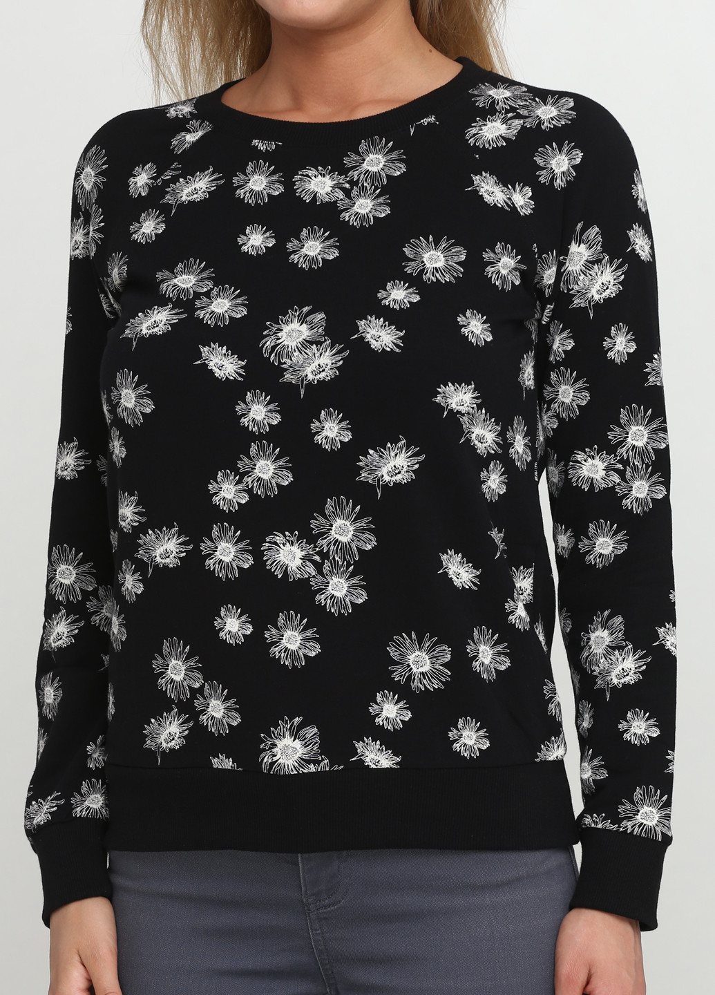 Свитшот C&A - Приталенный крой цветочный черный кэжуал - (132041381)