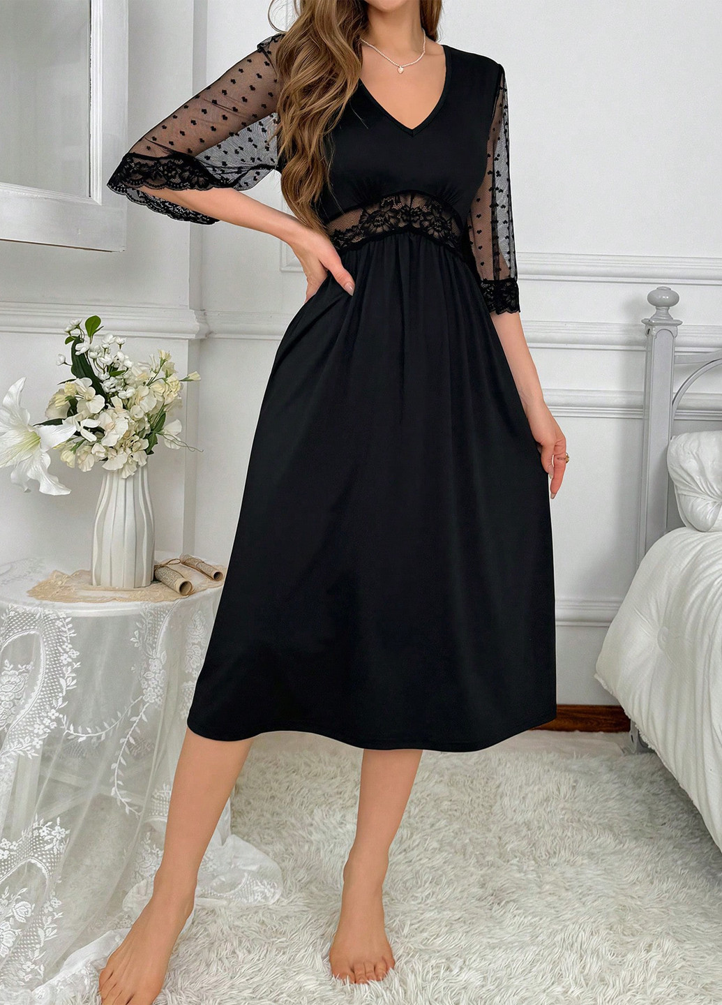 Черное домашнее платье в стиле ампир SHEIN однотонное