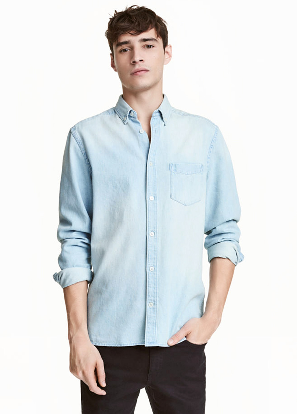 Голубой джинсовая рубашка однотонная H&M с длинным рукавом