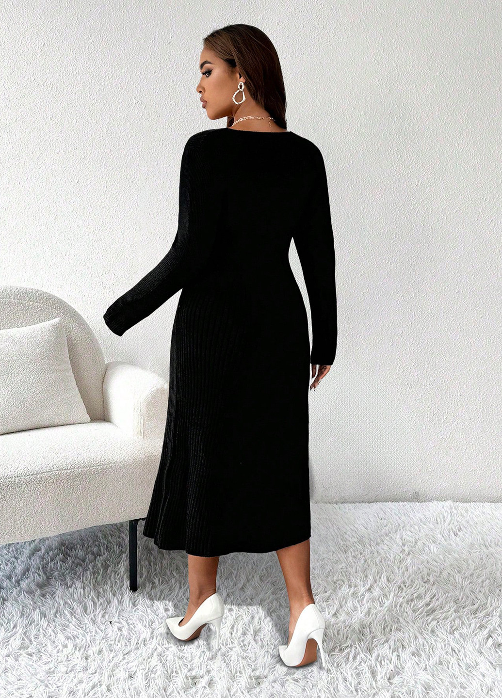 Чорна святковий, вечірня, кежуал сукня кльош, а-силует, сукня светр SHEIN однотонна