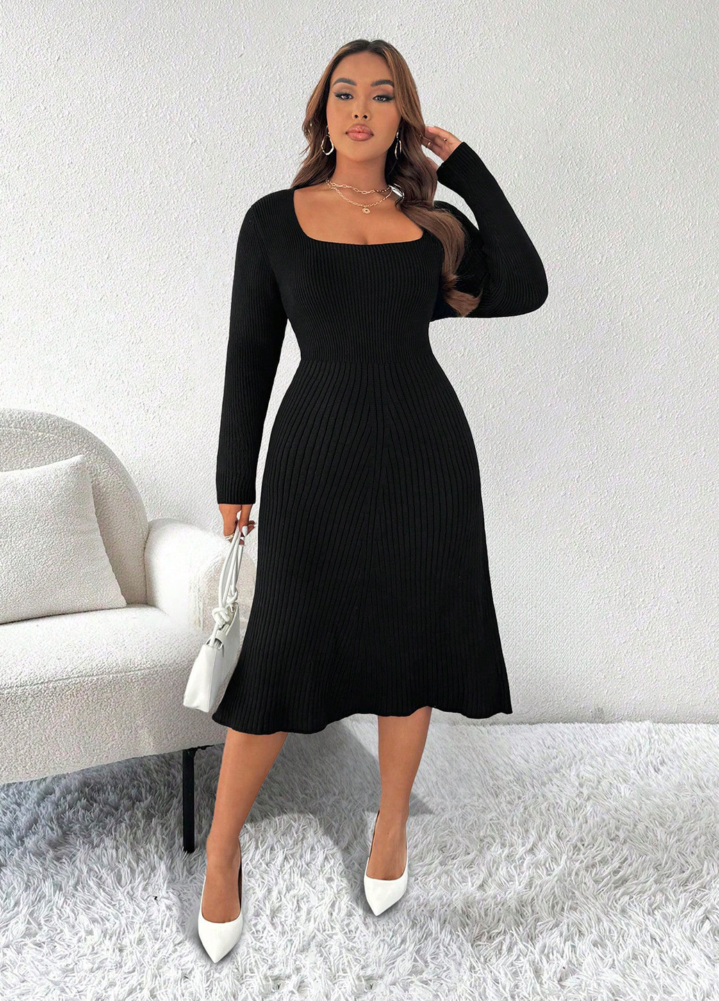 Чорна святковий, вечірня, кежуал сукня кльош, а-силует, сукня светр SHEIN однотонна