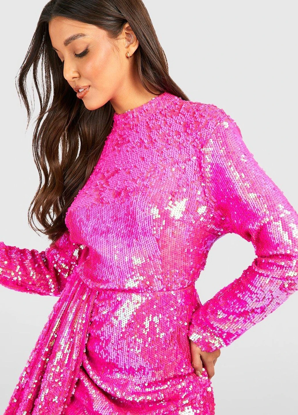 Фуксиновое (цвета Фуксия) праздничный, вечернее платье с открытой спиной Boohoo однотонное