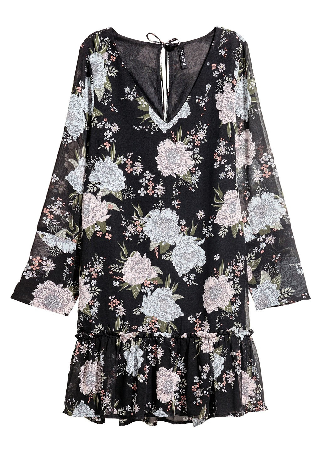 Черное кэжуал платье а-силуэт H&M с цветочным принтом