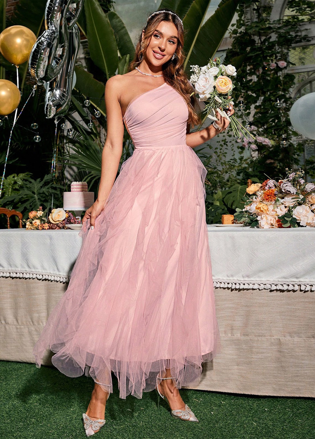 Світло-рожева вечірня, святковий сукня на одне плече SHEIN однотонна