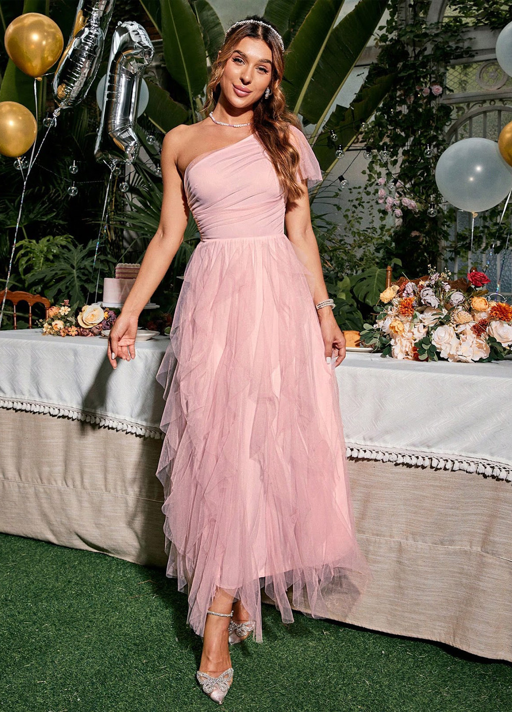 Світло-рожева вечірня, святковий сукня на одне плече SHEIN однотонна