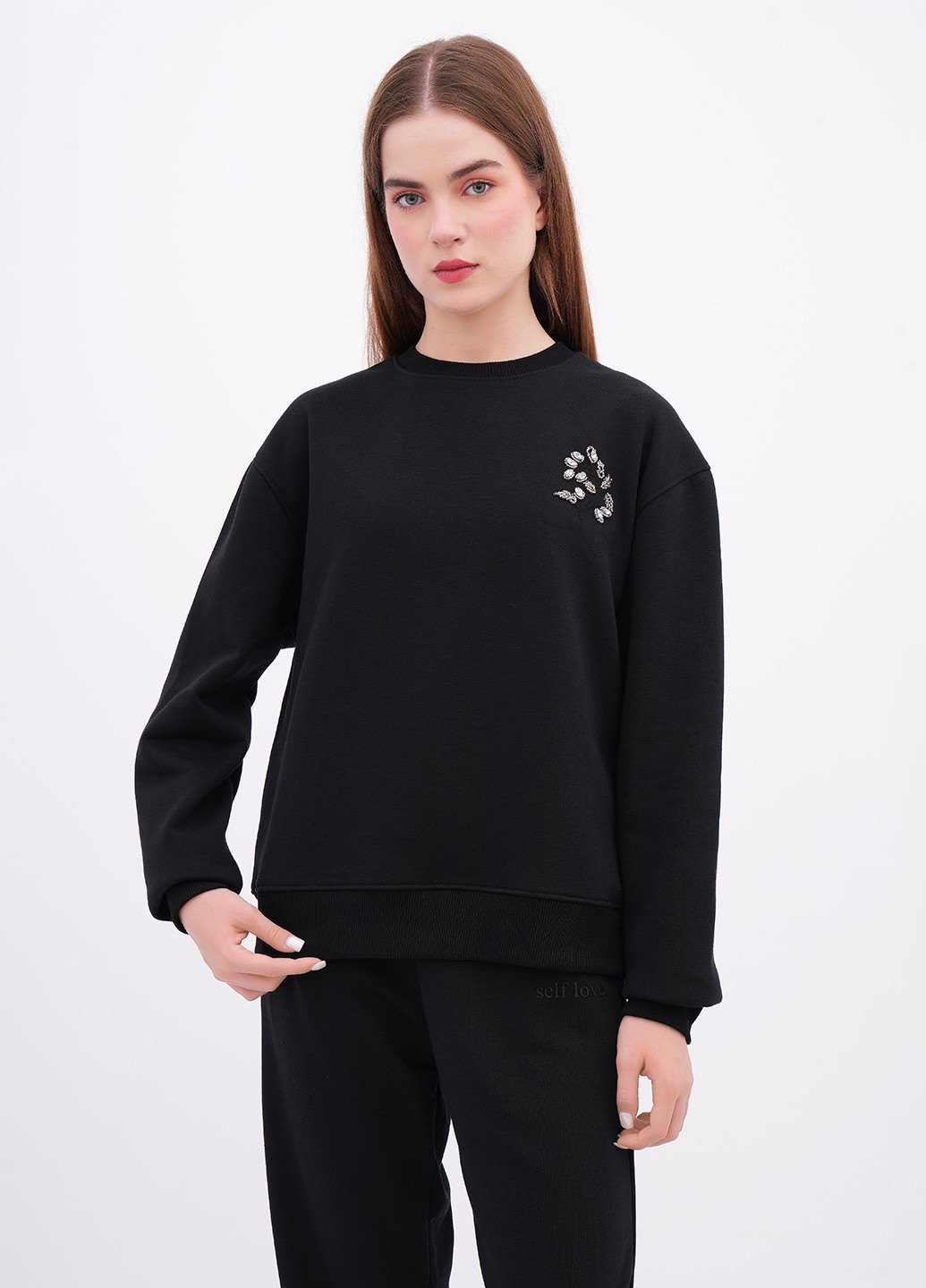 Чорний світшот EQUILIBRI однотонний камені, бісер (346898646)