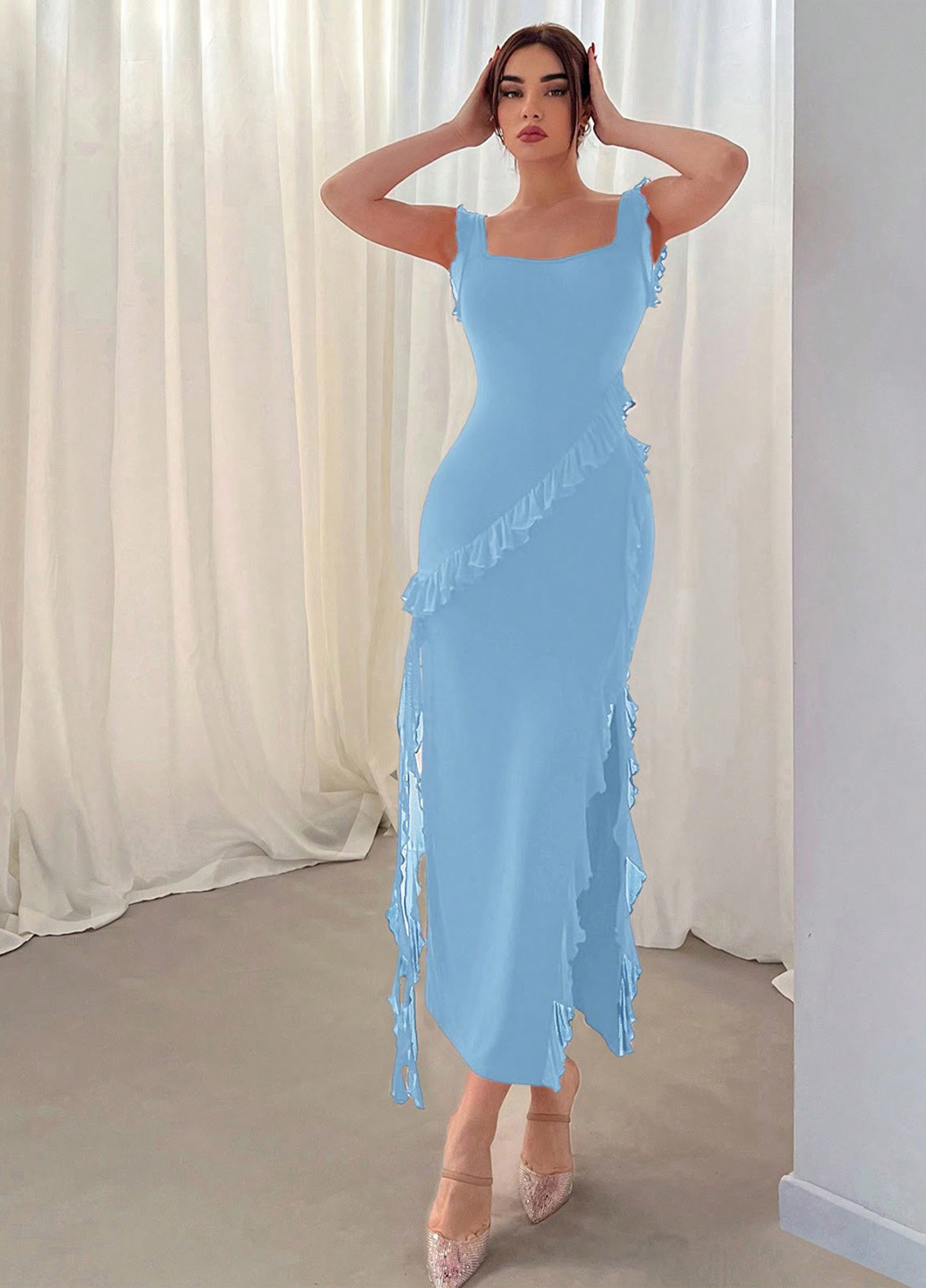 Блакитна коктейльна сукня силуетна SHEIN однотонна