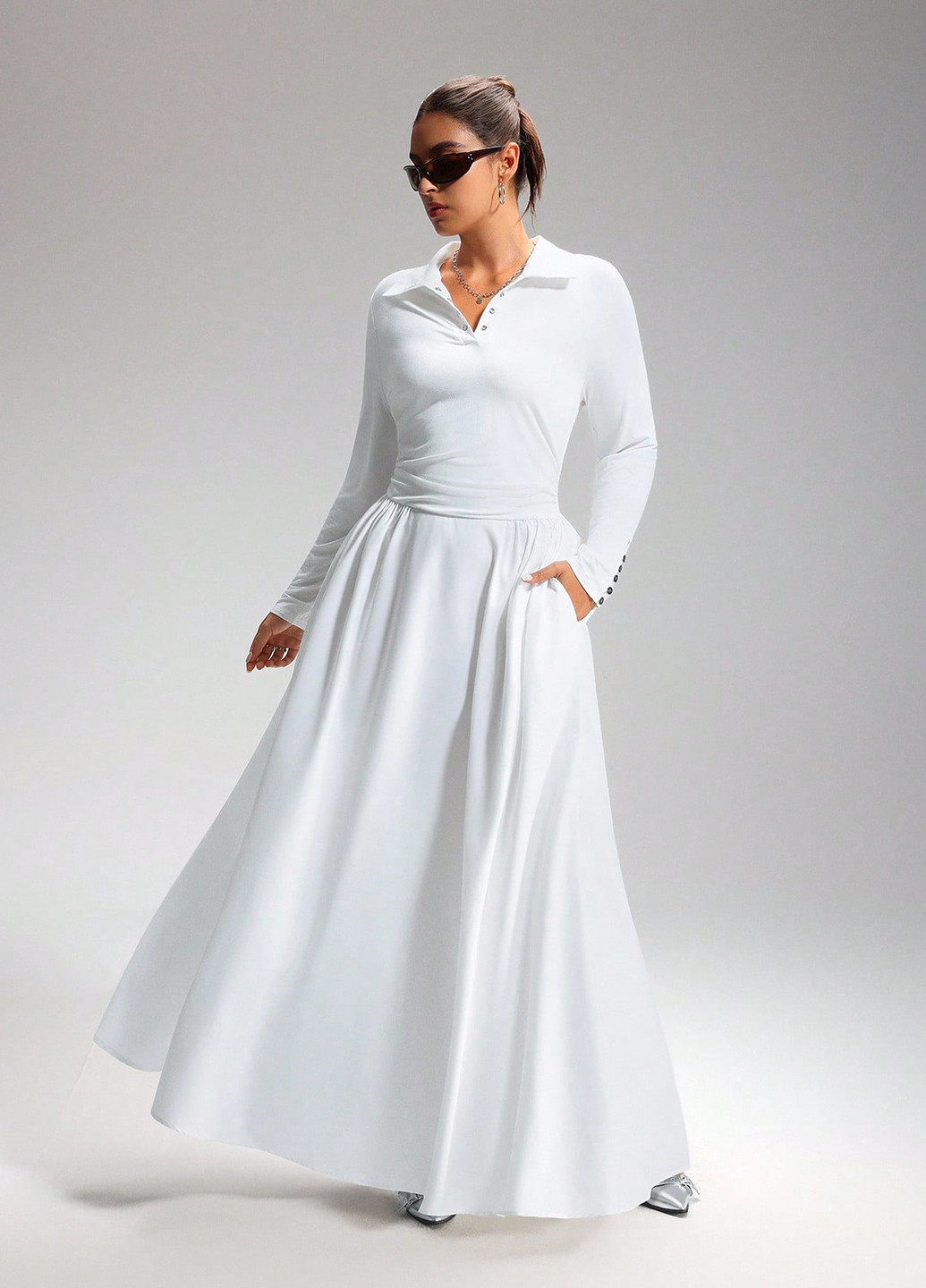 Білий кежуал сукня поло, кльош SHEIN однотонна