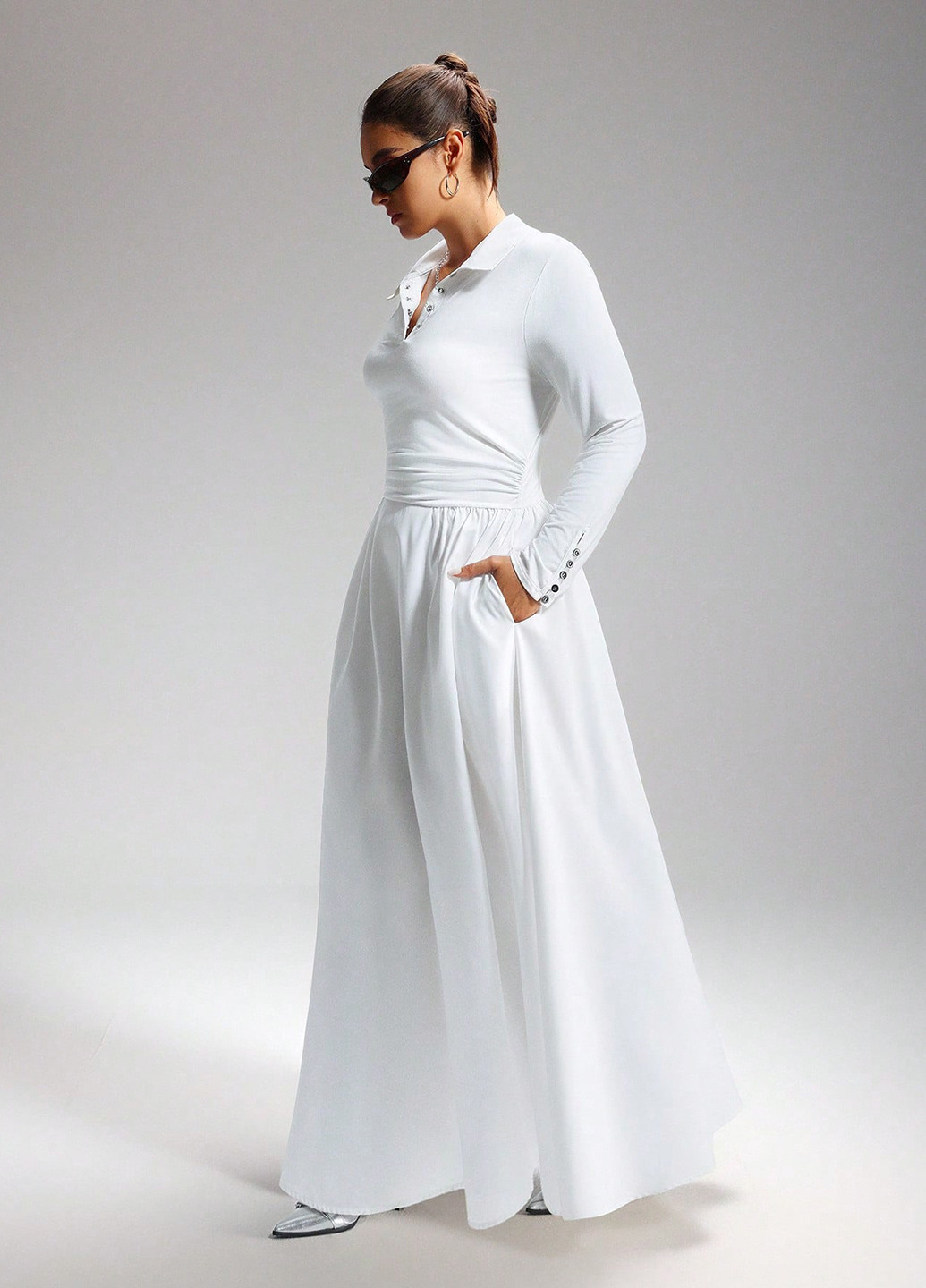 Білий кежуал сукня поло, кльош SHEIN однотонна