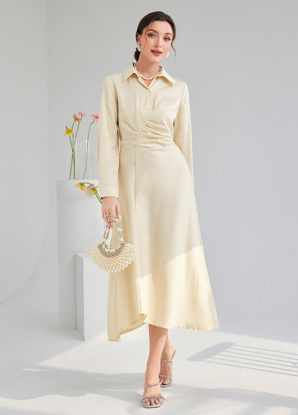 Кремова святковий, вечірня, ділова сукня сукня-сорочка, а-силует SHEIN однотонна