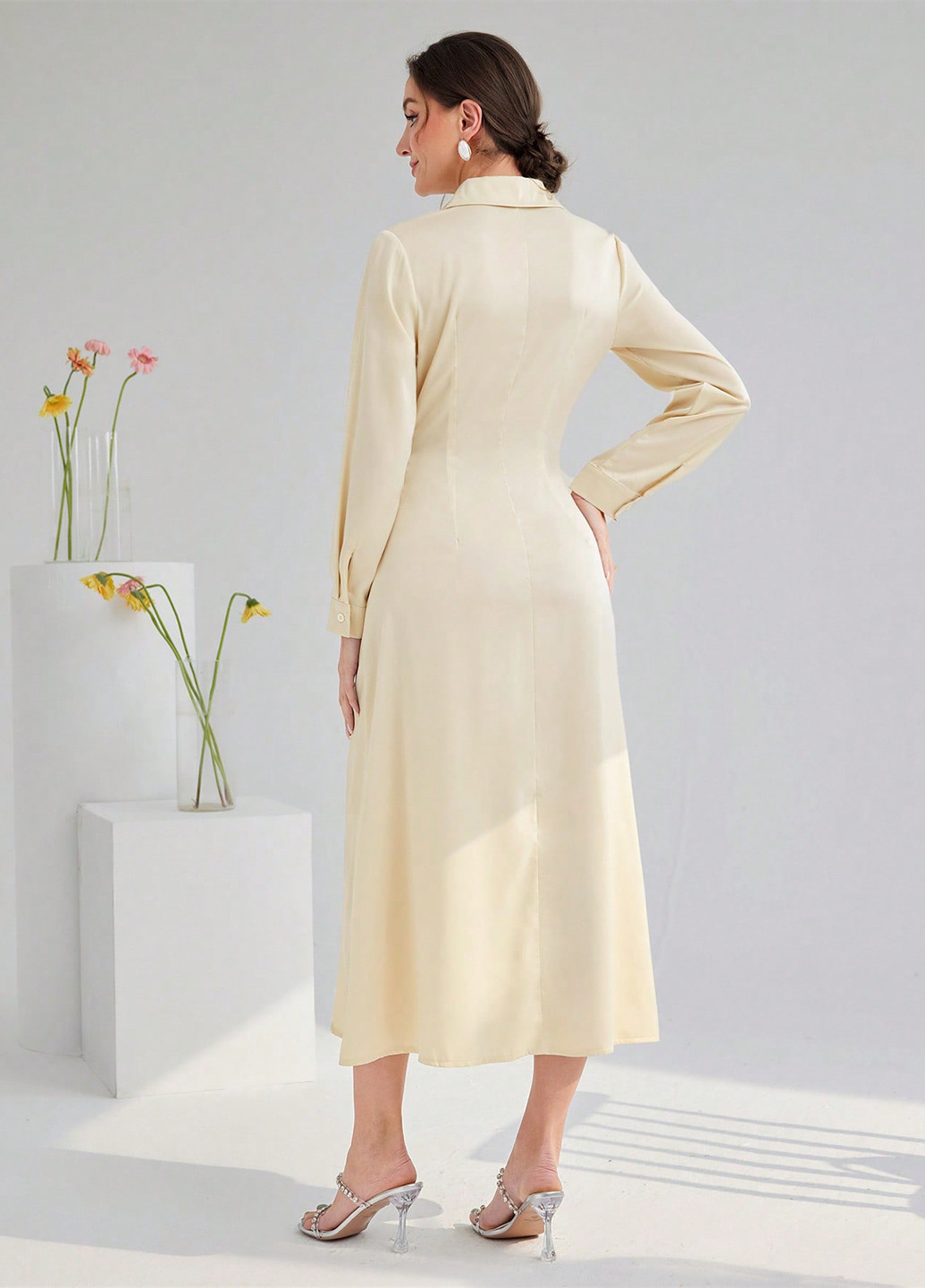 Кремова святковий, вечірня, ділова сукня сукня-сорочка, а-силует SHEIN однотонна