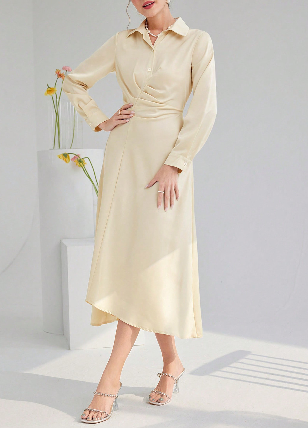 Кремова святковий, вечірня, ділова сукня сукня-сорочка, а-силует SHEIN однотонна