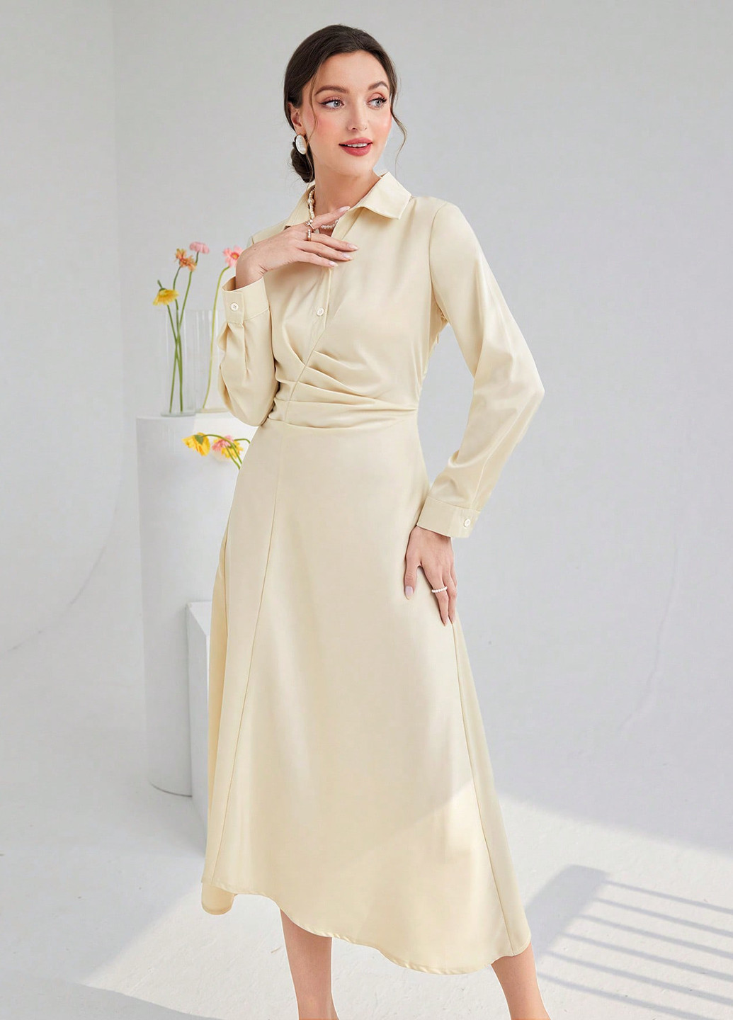Кремова святковий, вечірня, ділова сукня сукня-сорочка, а-силует SHEIN однотонна