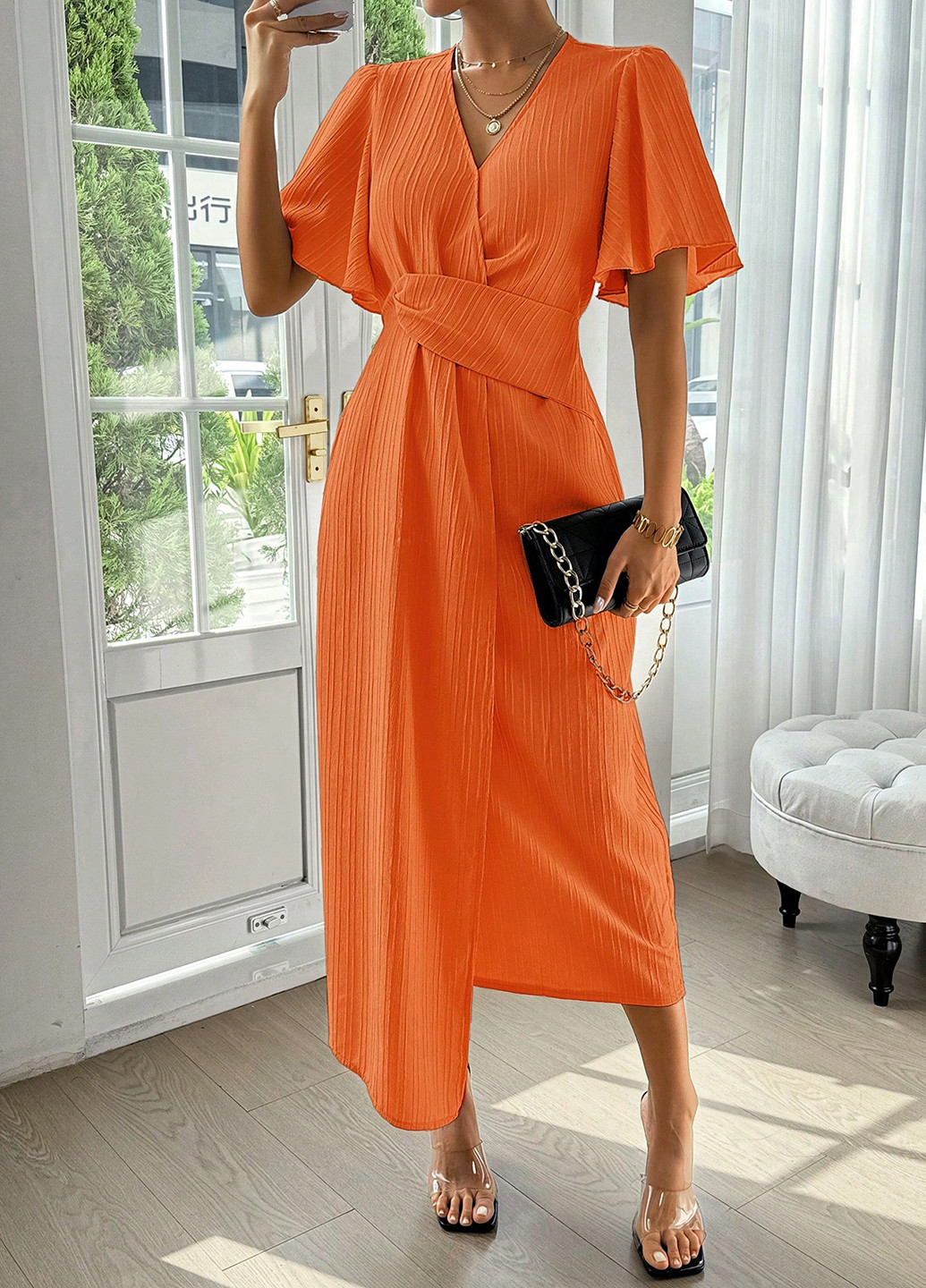 Помаранчева кежуал сукня на запах SHEIN однотонна