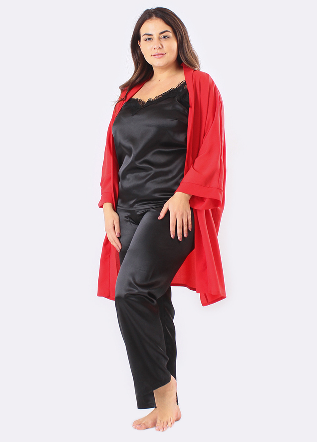 Красный демисезонный комплект (халат, майка, брюки) Ghazel