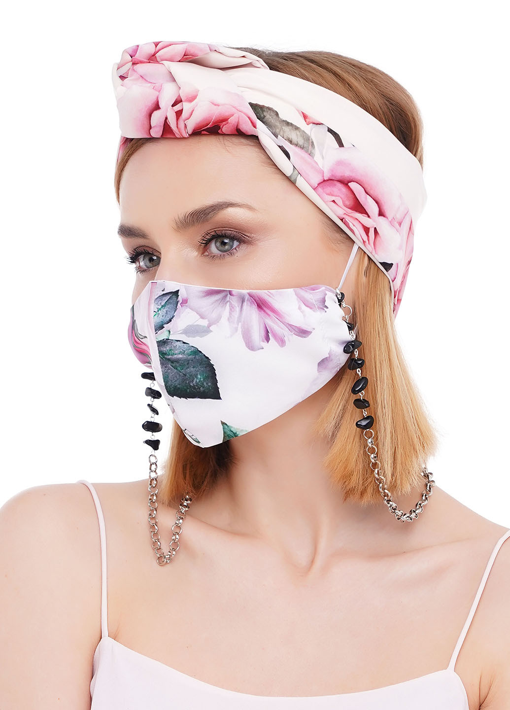 Набор (повязка, маска, цепочка для маски и очков) My Scarf цветочные светло-розовые