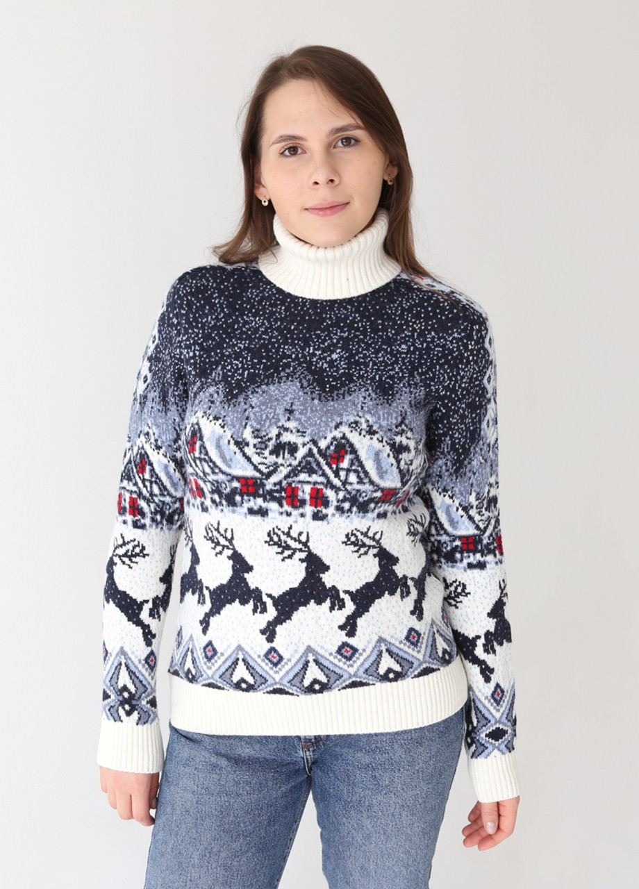 Молочный демисезонный свитер женский белый новогодний с оленями Pulltonic Прямая
