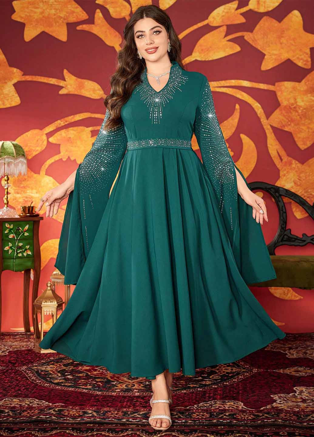 Темно-зелена вечірня сукня з спідницею-сонце SHEIN однотонна