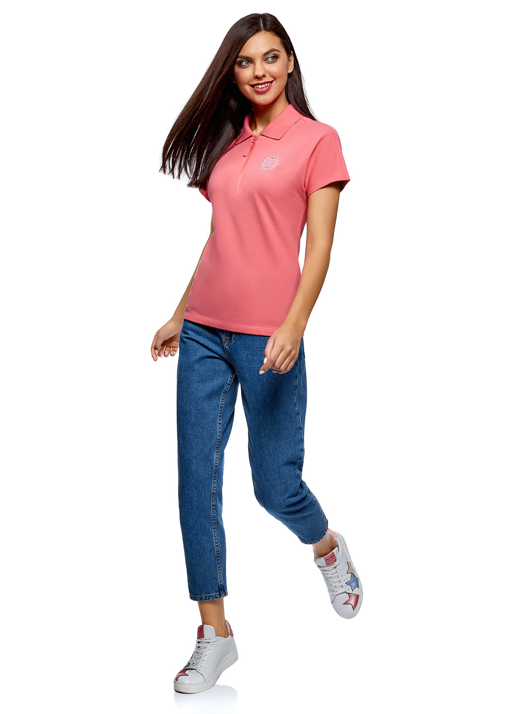 Розовая женская футболка-поло Oodji с логотипом