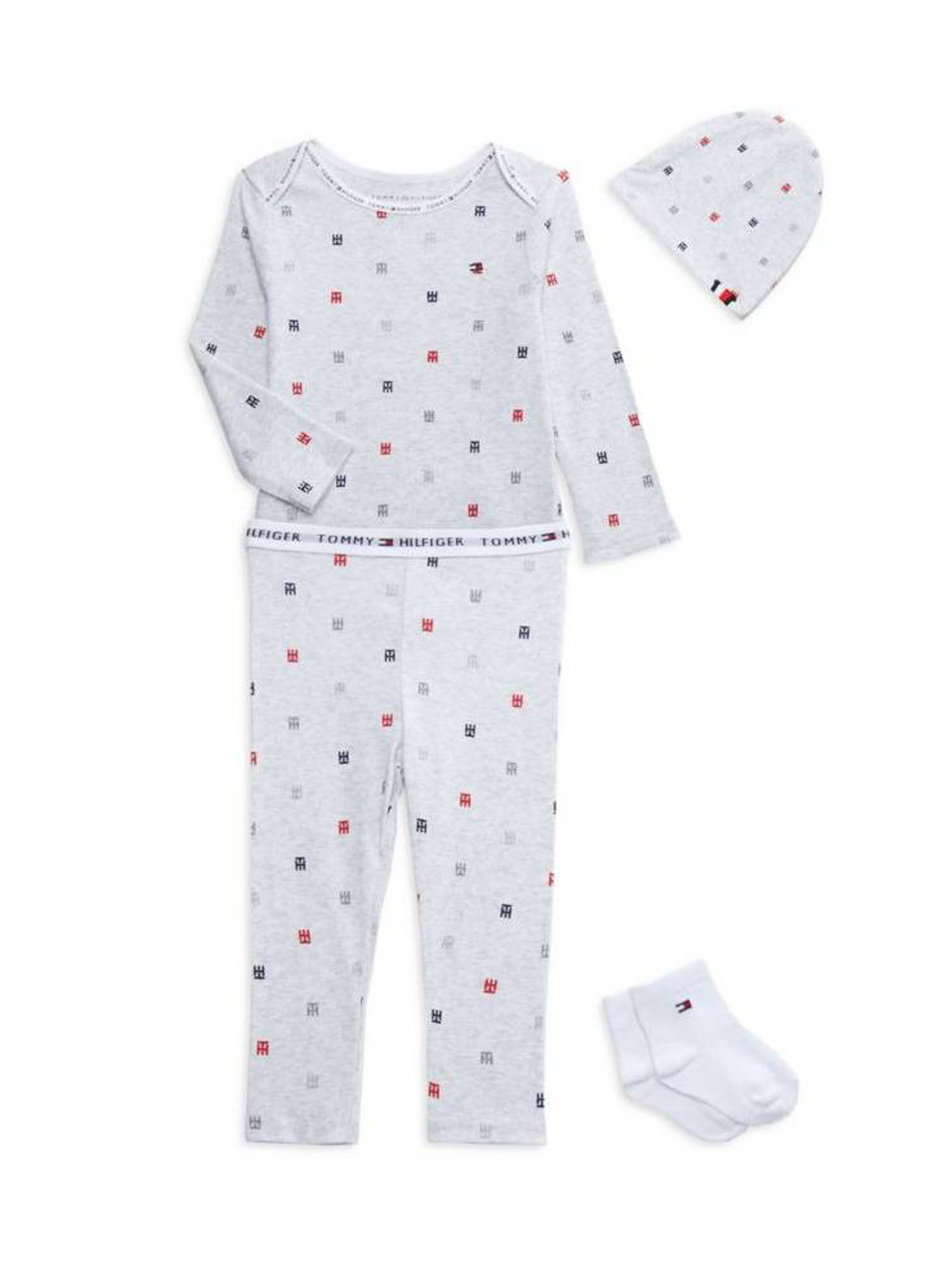 Серый демисезонный костюм (боди, брюки, шапка, носки) брючный Tommy Hilfiger