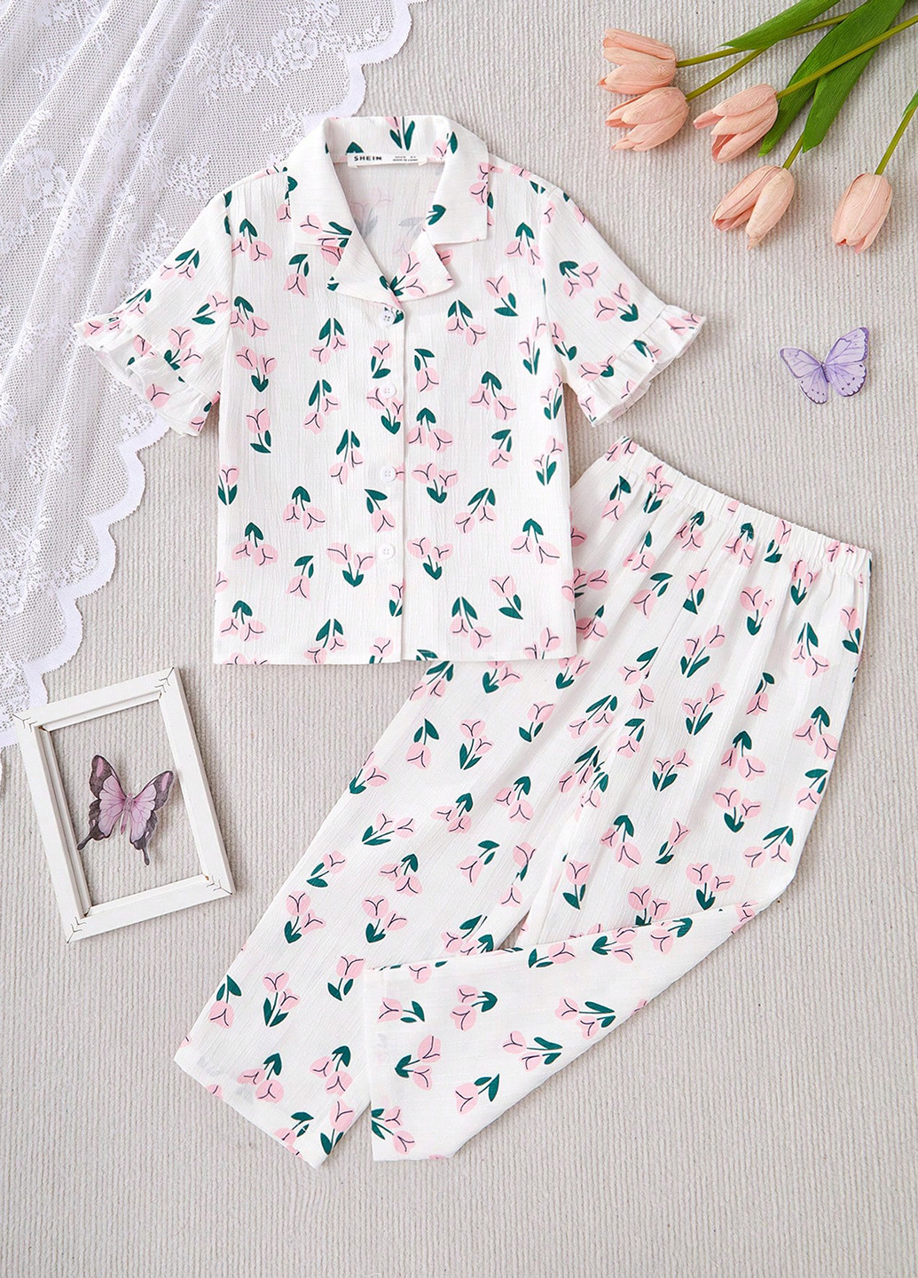 Молочная всесезон пижама (рубашка, брюки) рубашка + брюки SHEIN