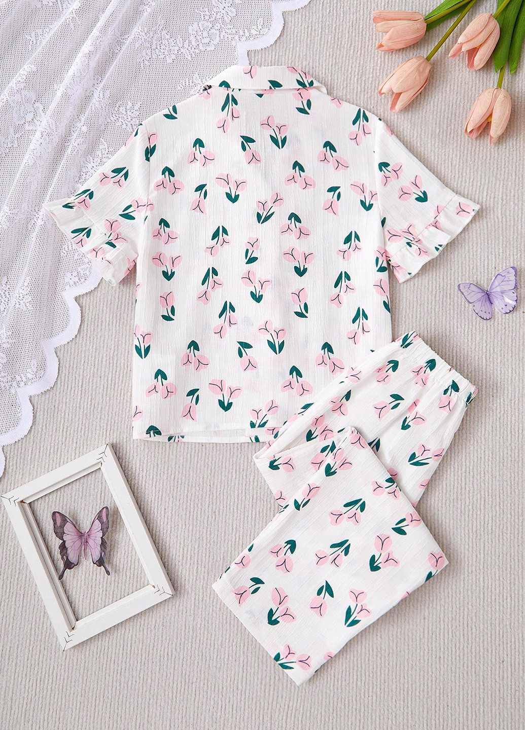 Молочная всесезон пижама (рубашка, брюки) рубашка + брюки SHEIN