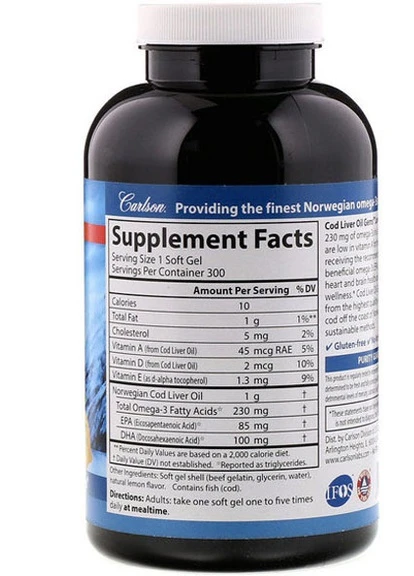 Cod Liver Oil Gems Low Vitamin A 300 Soft Gels Natural Lemon Flavor CAR-01393 Carlson Labs (256380250)