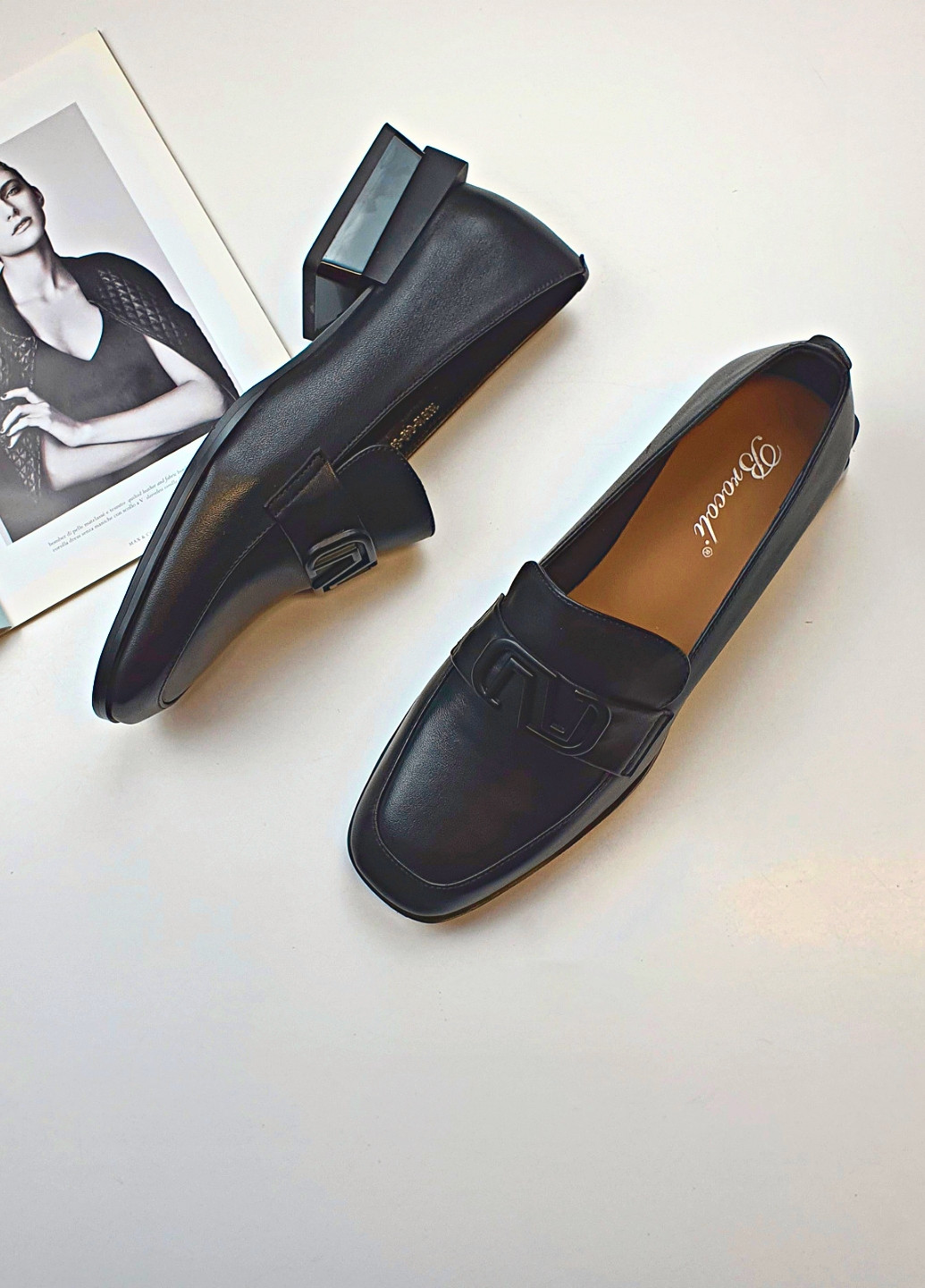 Brocoli Стильные женские лоферы черного цвета на не высоком каблуке черный з натуральная кожа, — демисезон (244376037)