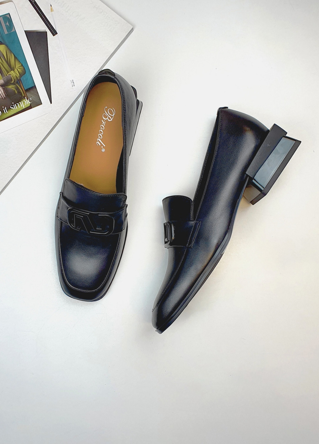 Brocoli Стильные женские лоферы черного цвета на не высоком каблуке черный з натуральная кожа, — демисезон (244376037)