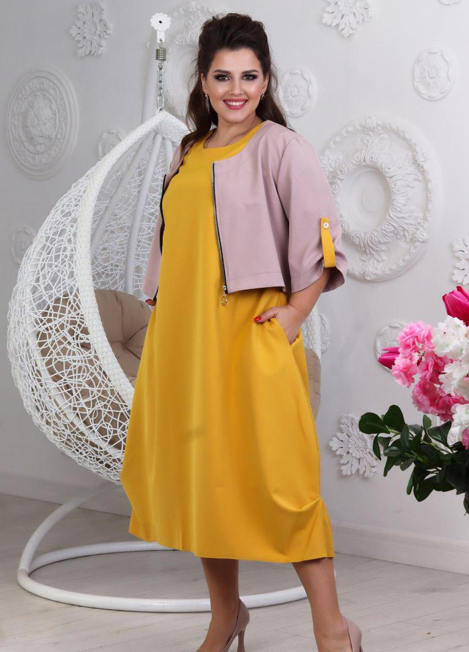 Горчичное женское платье горчичного цвета и болеро бежевое из крепкостюмки р.54/56 289852 New Trend