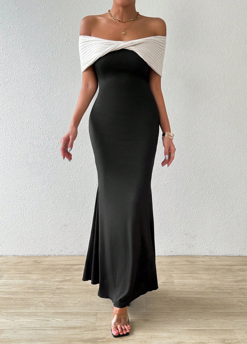 Черное вечернее платье бандо SHEIN