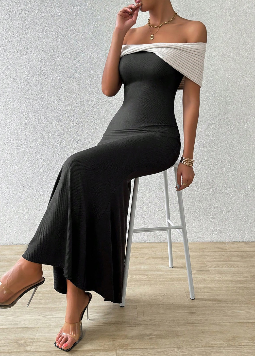 Черное вечернее платье бандо SHEIN