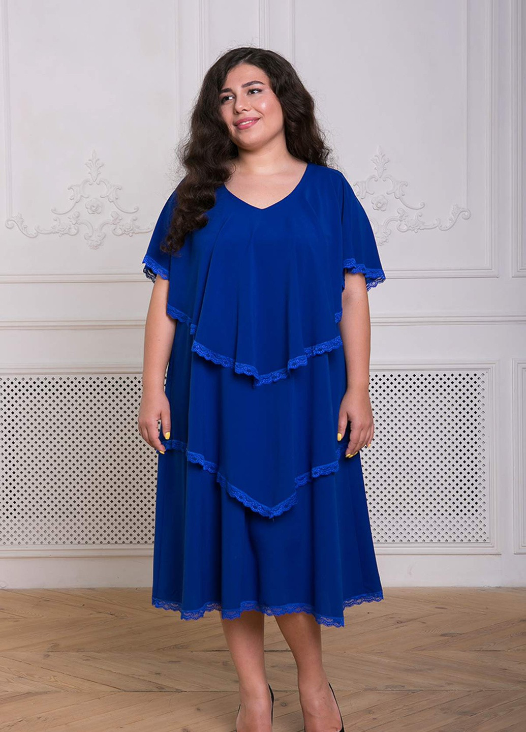 Серо-голубое кэжуал платье с оборками девис электрик Tatiana однотонное