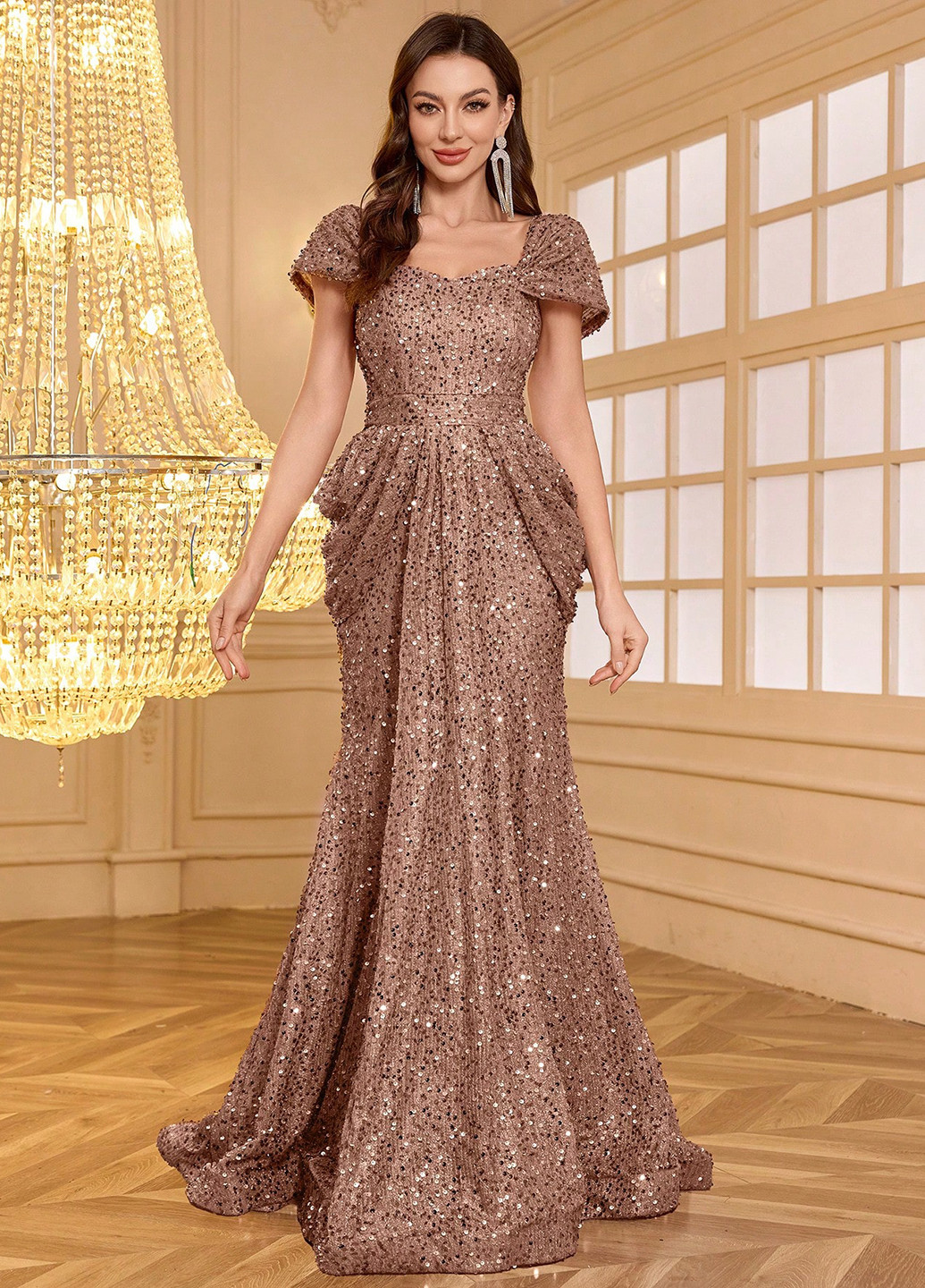 Коричневое вечернее платье со шлейфом SHEIN однотонное