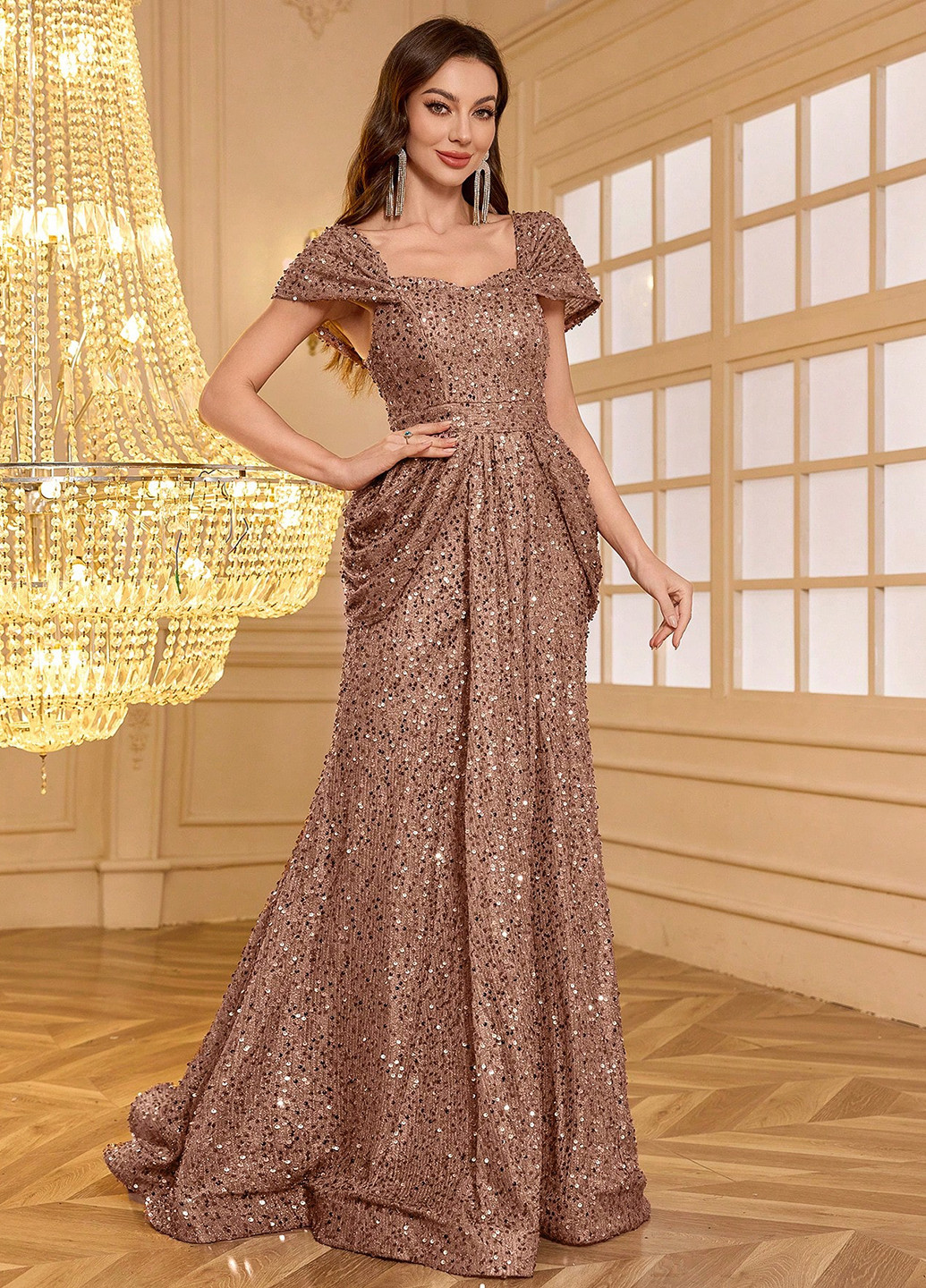 Коричневое вечернее платье со шлейфом SHEIN однотонное