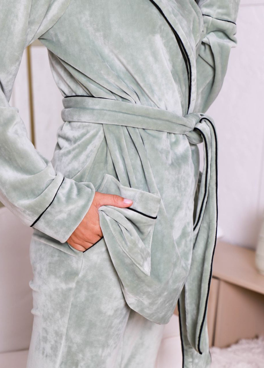 Оливковая всесезон плюшевая тёплая пижама с поясом оливковый shuna Comfort