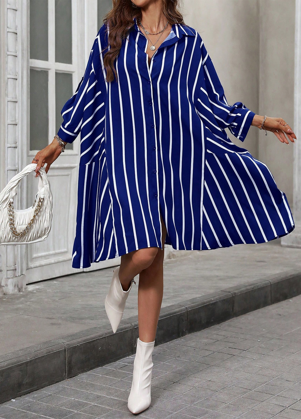 Темно-синее кэжуал платье оверсайз, рубашка SHEIN в полоску
