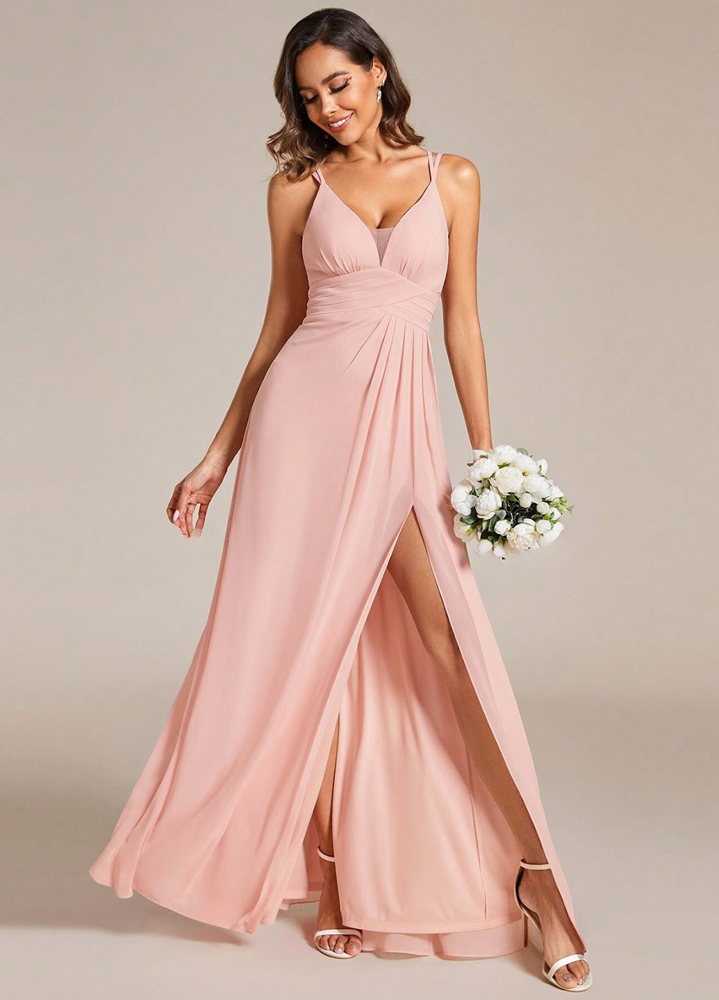 Светло-розовое вечернее платье в стиле ампир SHEIN однотонное