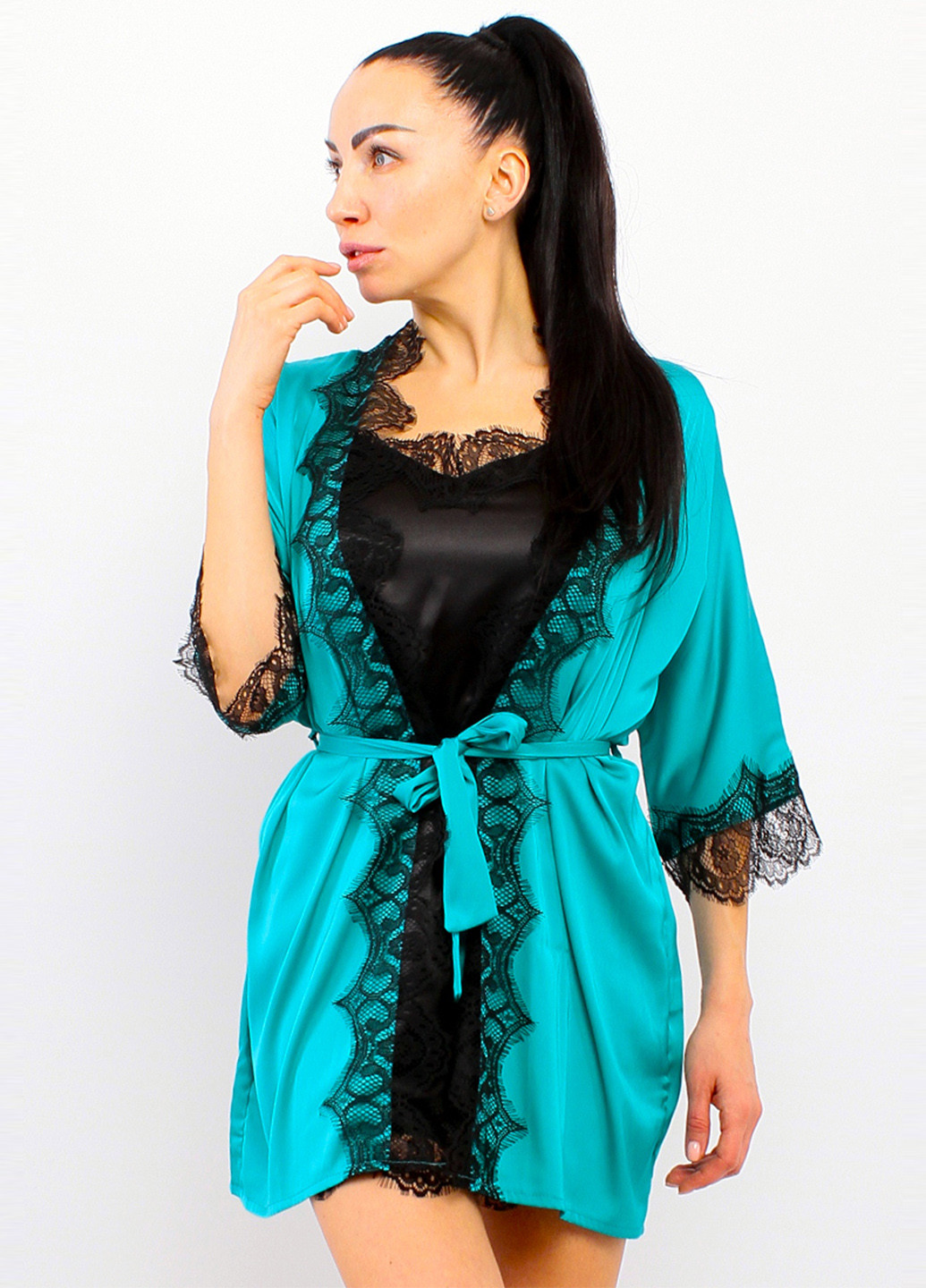 Бірюзовий демісезонний комплект (нічна сорочка, халат) Ghazel