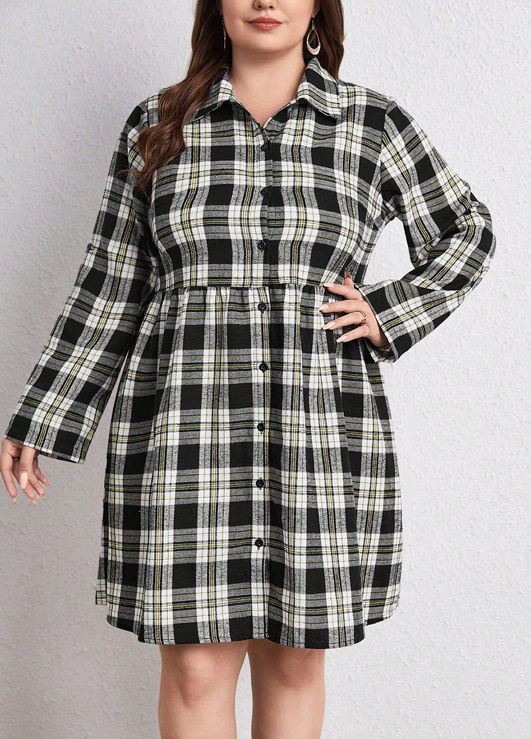 Черно-белое кэжуал платье клеш, рубашка SHEIN в клетку