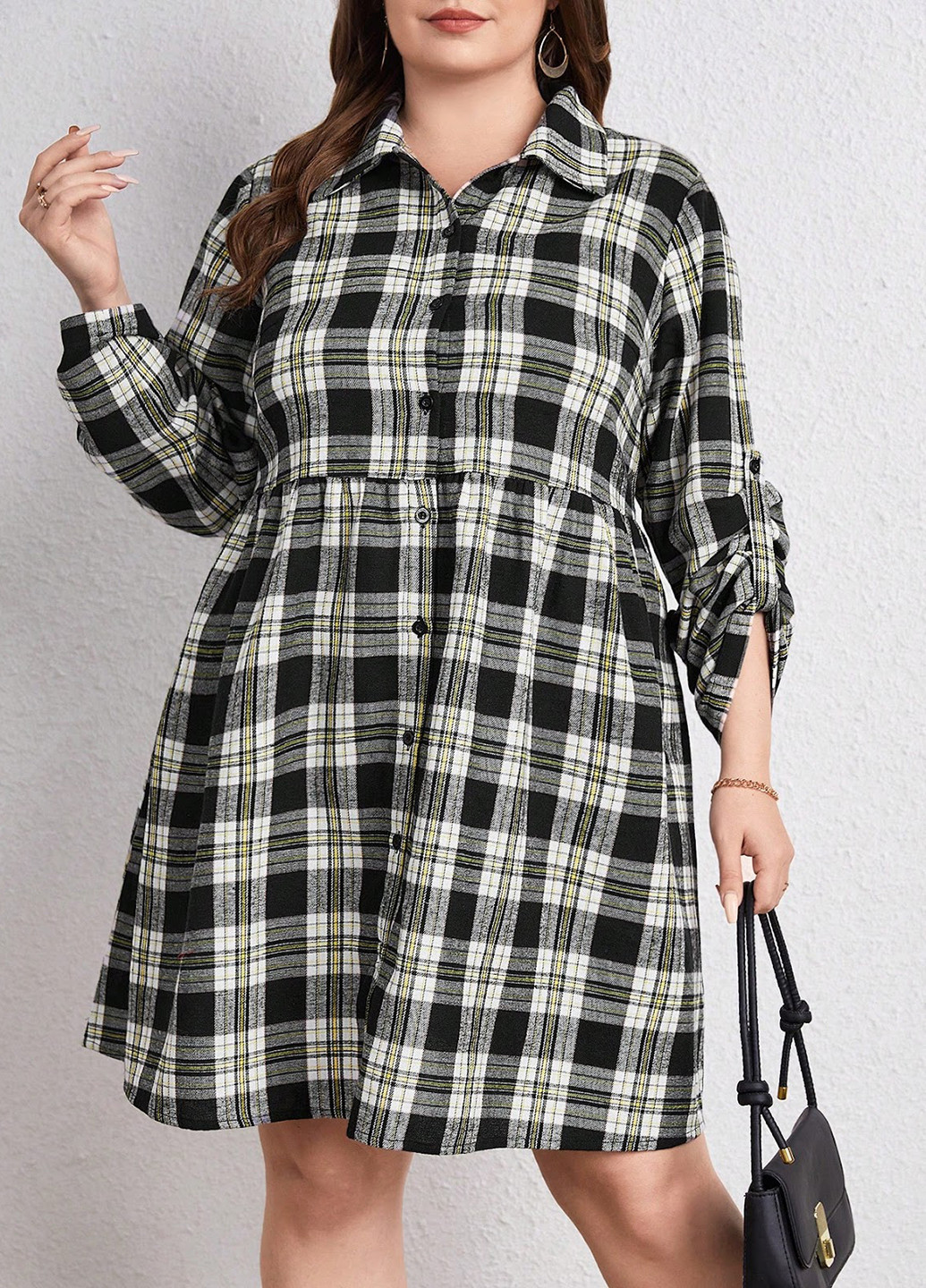 Черно-белое кэжуал платье клеш, рубашка SHEIN в клетку