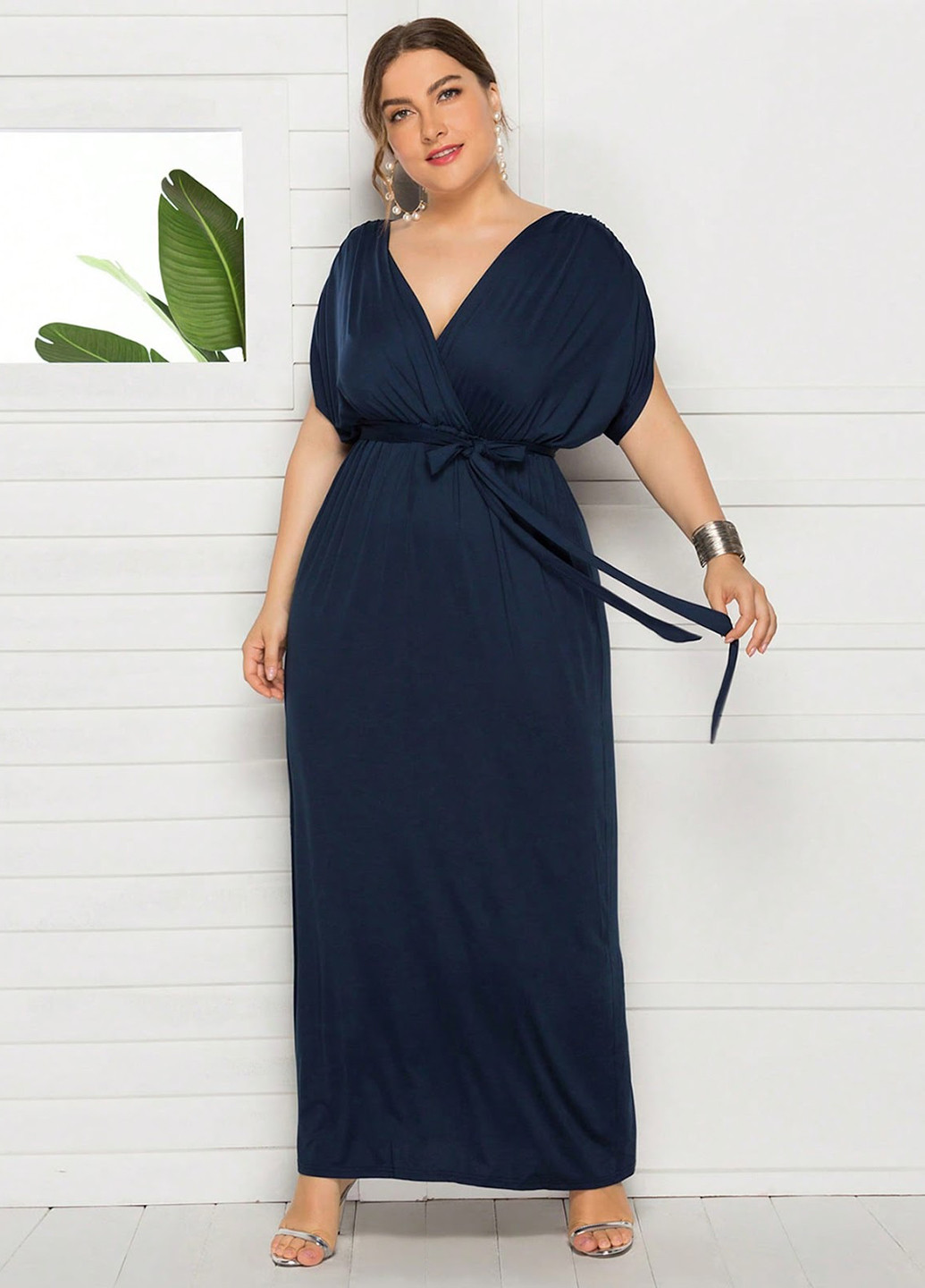 Темно-синее вечернее, кэжуал платье в греческом стиле, на запах, в стиле ампир SHEIN однотонное