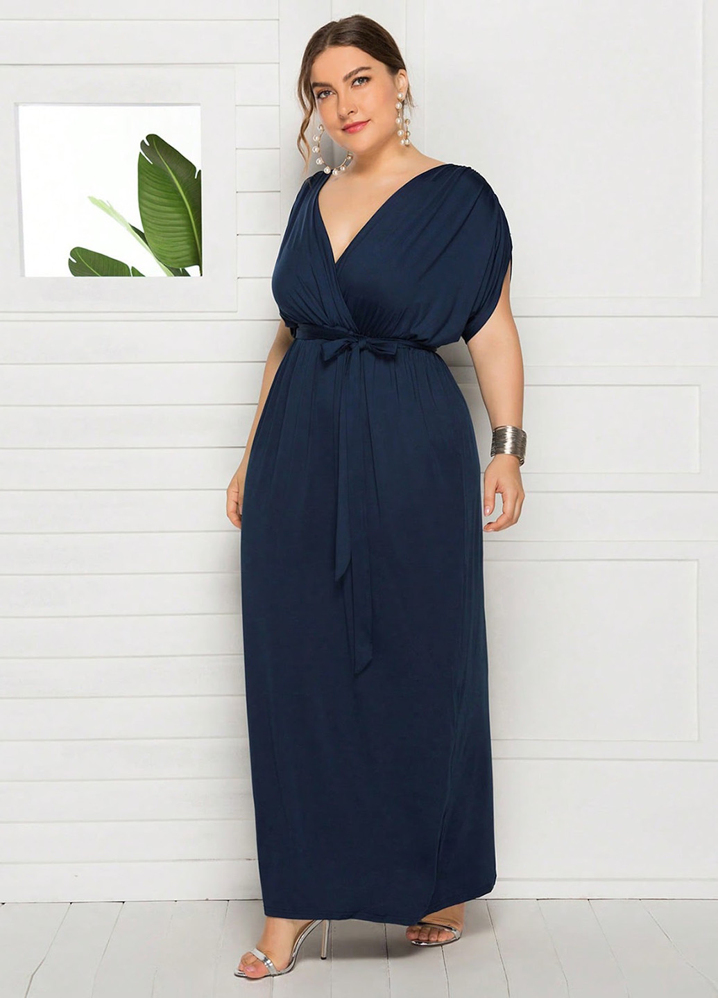 Темно-синее вечернее, кэжуал платье в греческом стиле, на запах, в стиле ампир SHEIN однотонное